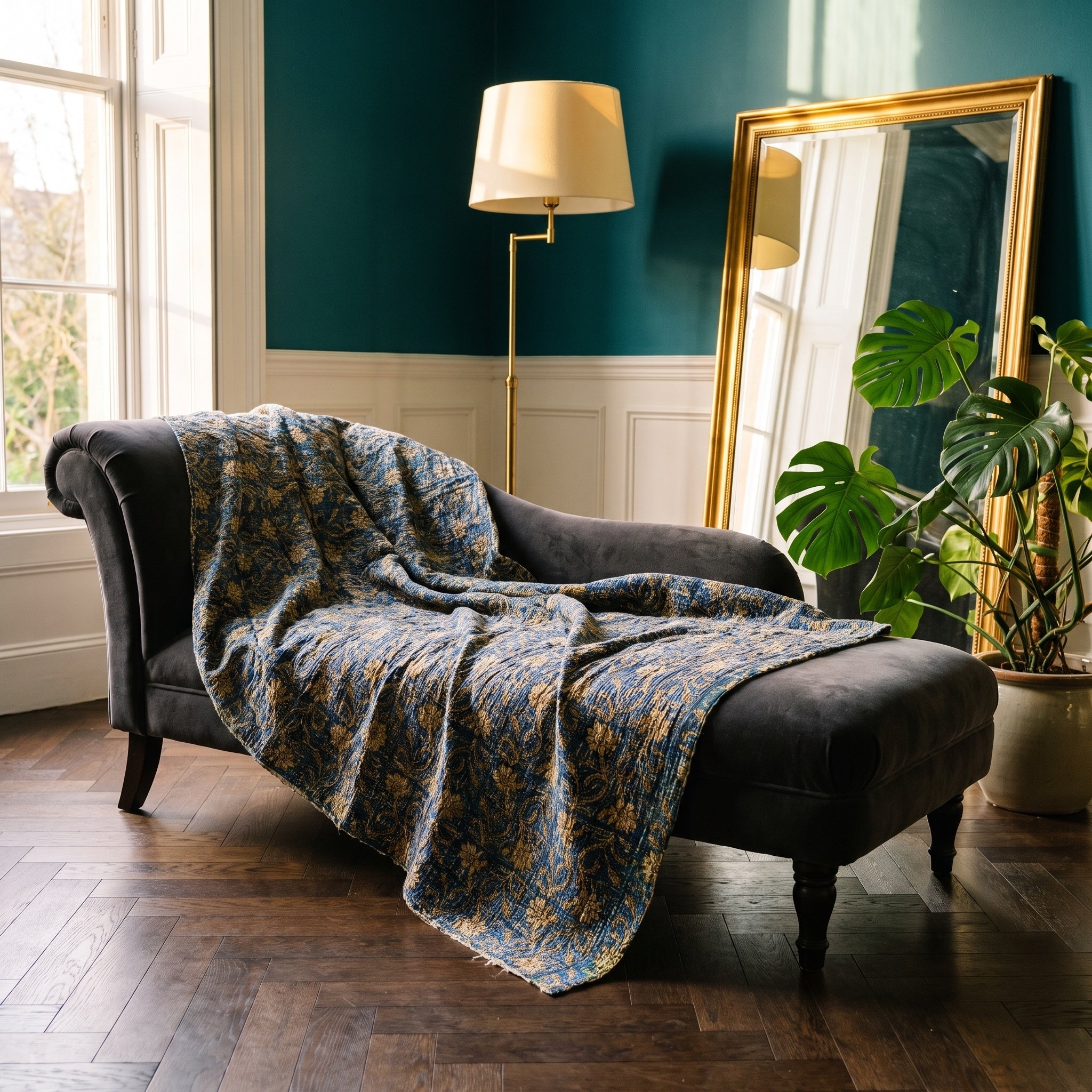 Saskatoon Vintage Bagru Block Print Kantha Throw — front side styled in a jewel-toned living room