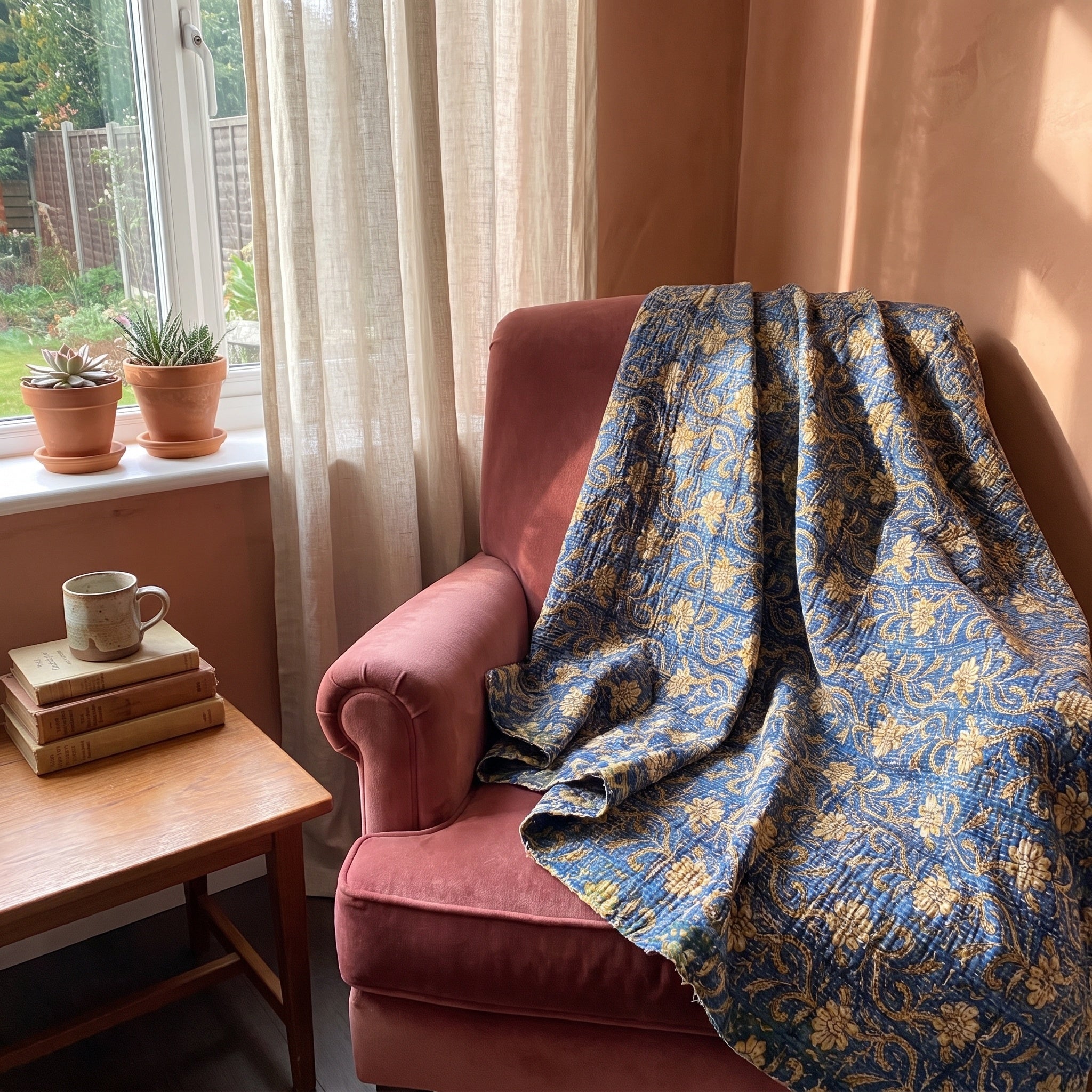 Saskatoon Bagru Kantha Throw — front draped over a chair in a cosy reading nook