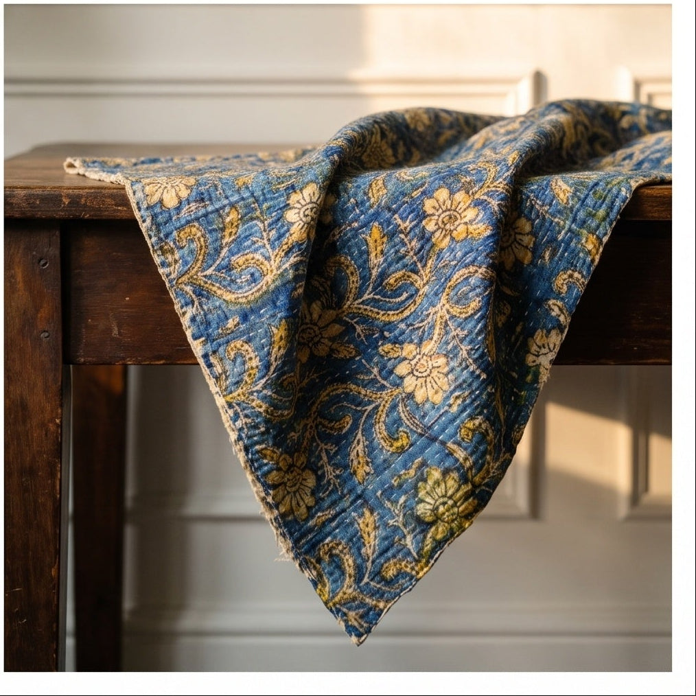 Saskatoon Vintage Handmade Bagru Block Print Kantha Throw — flat lay showing front and back