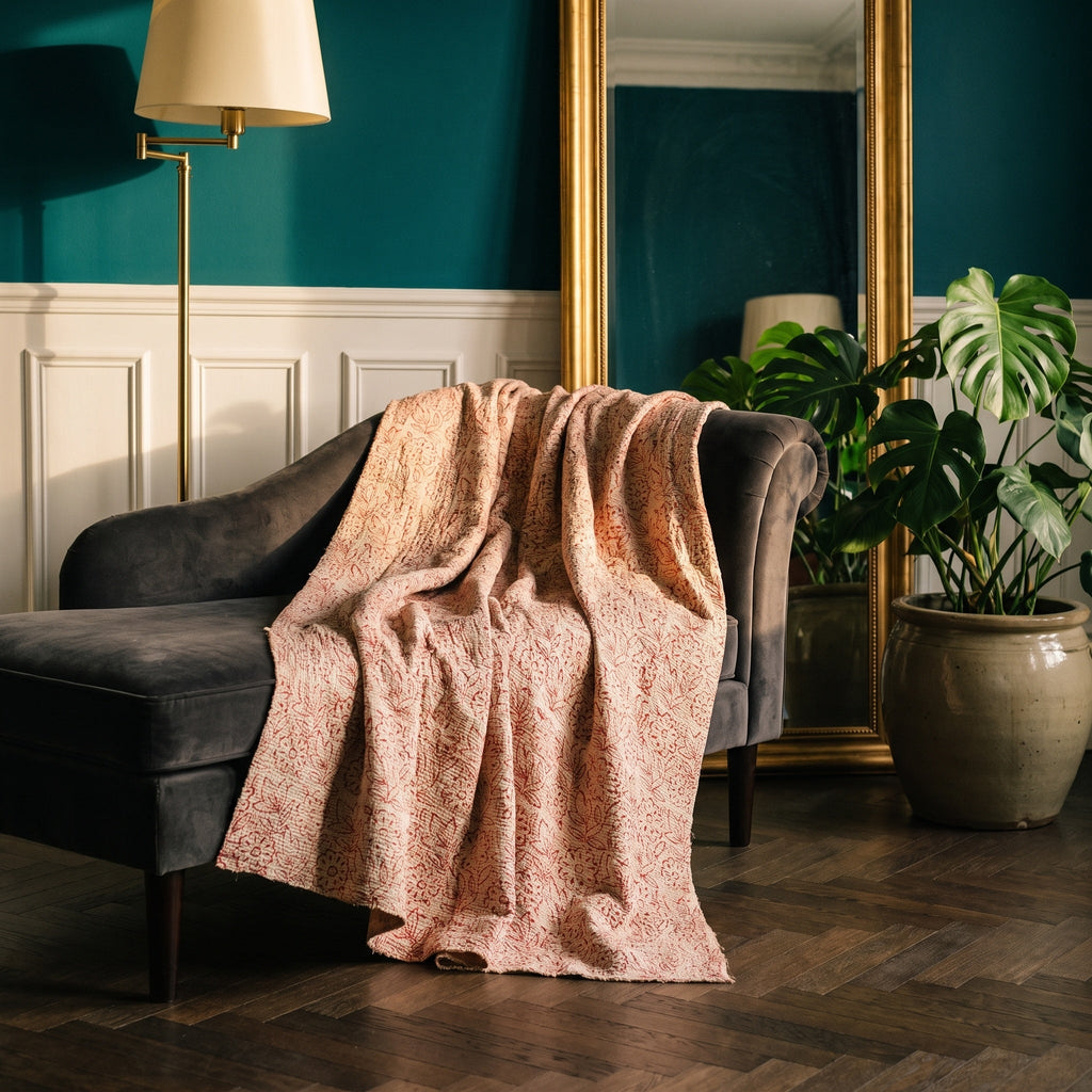 Saskatoon Vintage Bagru Kantha Throw — reverse side styled in a jewel-toned living room