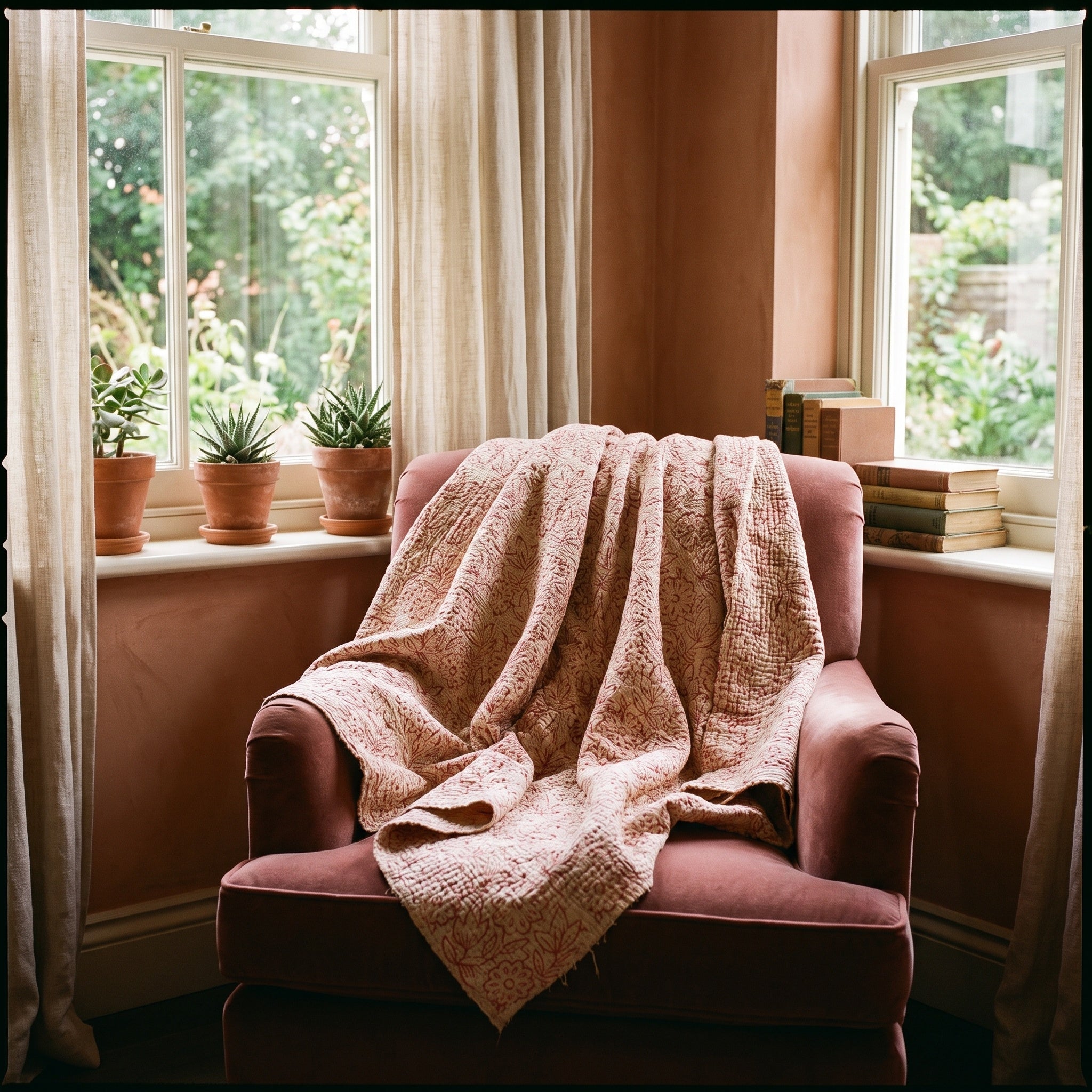 Saskatoon Bagru Kantha Throw — reverse side draped over a chair in a reading nook