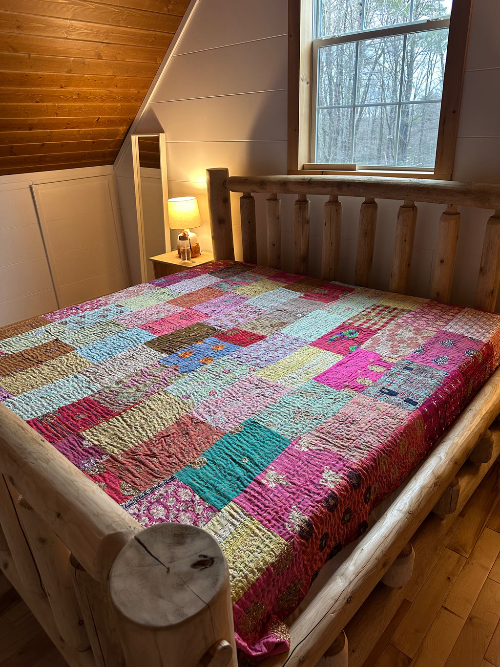 Multicoloured patchwork Kantha Bedspread