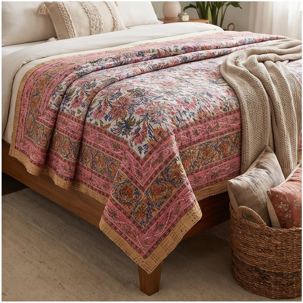 Mist Cobalt Handmade Kantha Bedspread