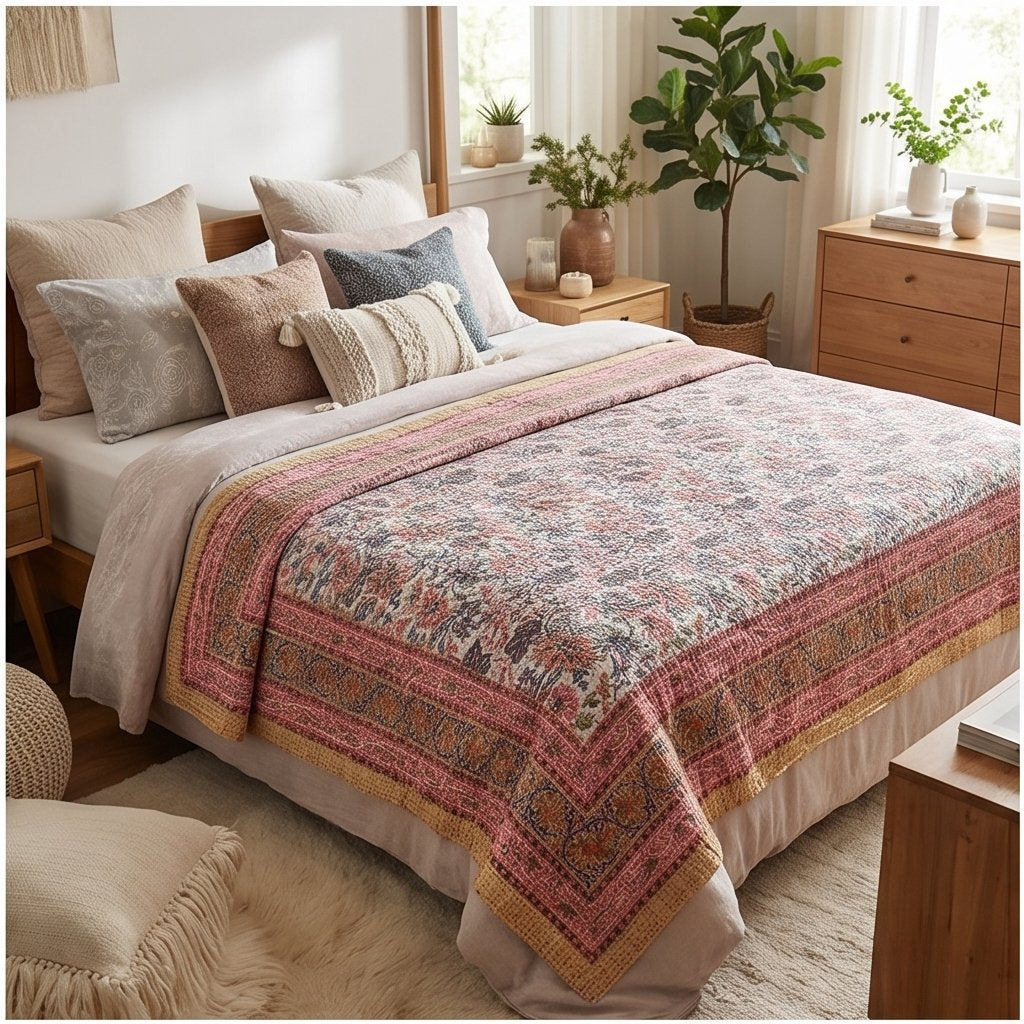 Mist Cobalt Handmade Kantha Bedspread