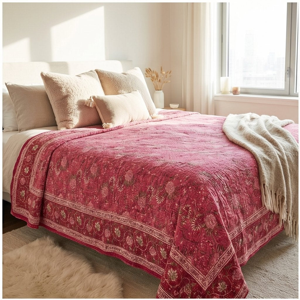 Rosemary Handmade Kantha Queen Bedspread