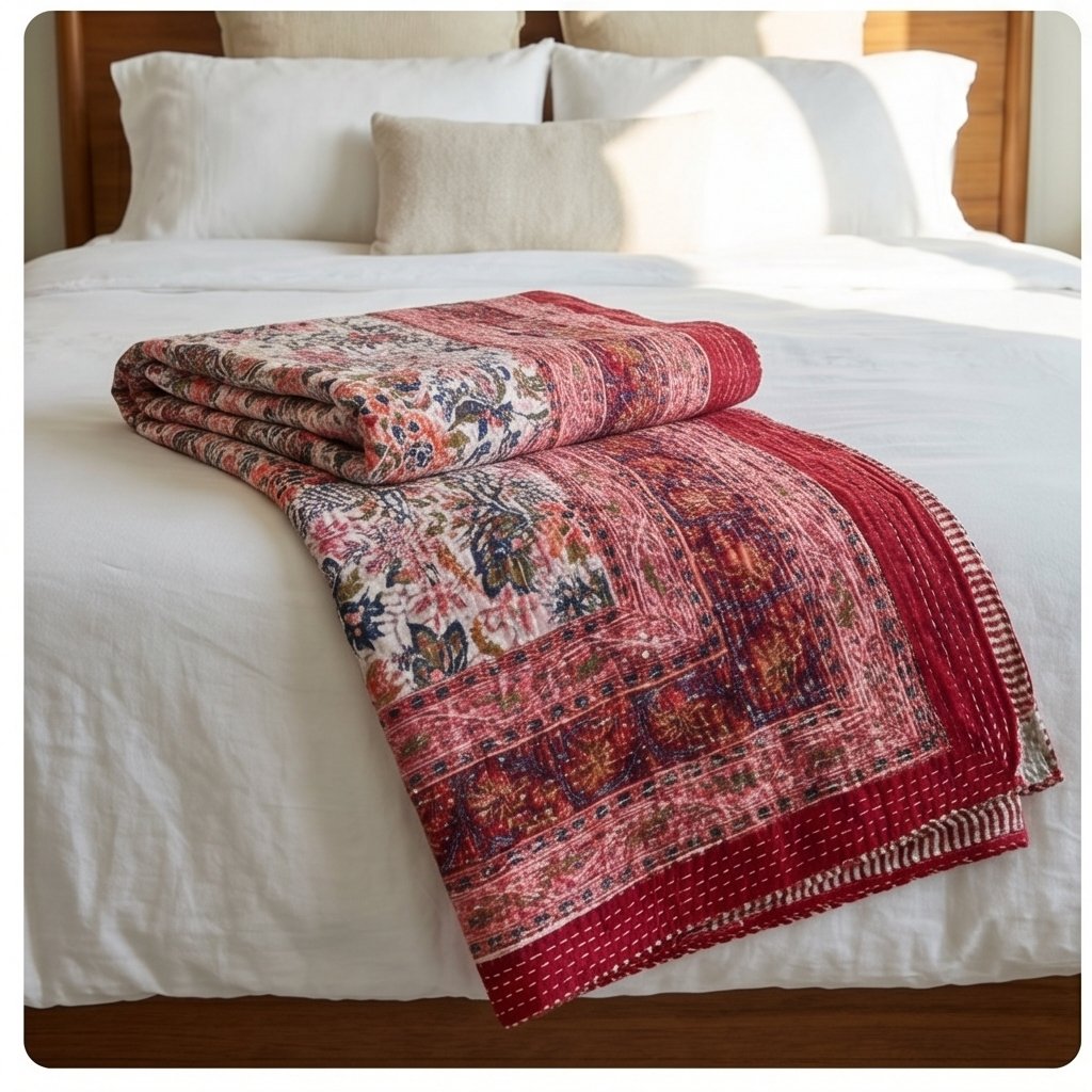 Fern Terracotta Handmade Kantha Bedspread