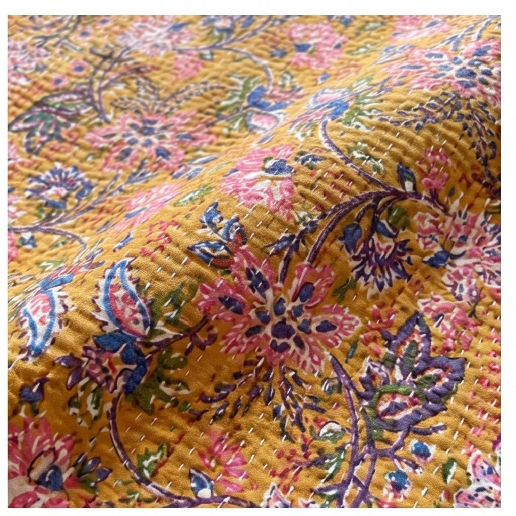 Fern Marigold Handmade Kantha Queen Bedspread