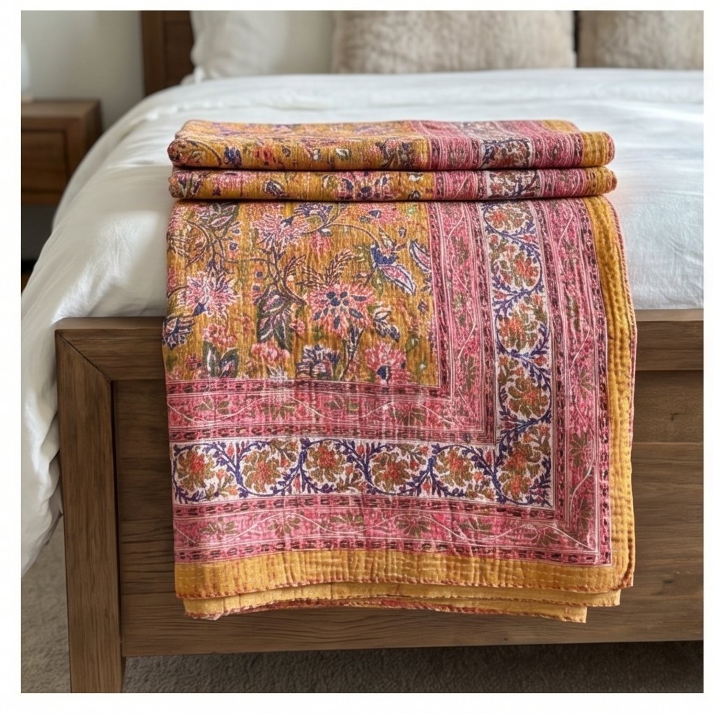 Fern Marigold Handmade Kantha Queen Bedspread