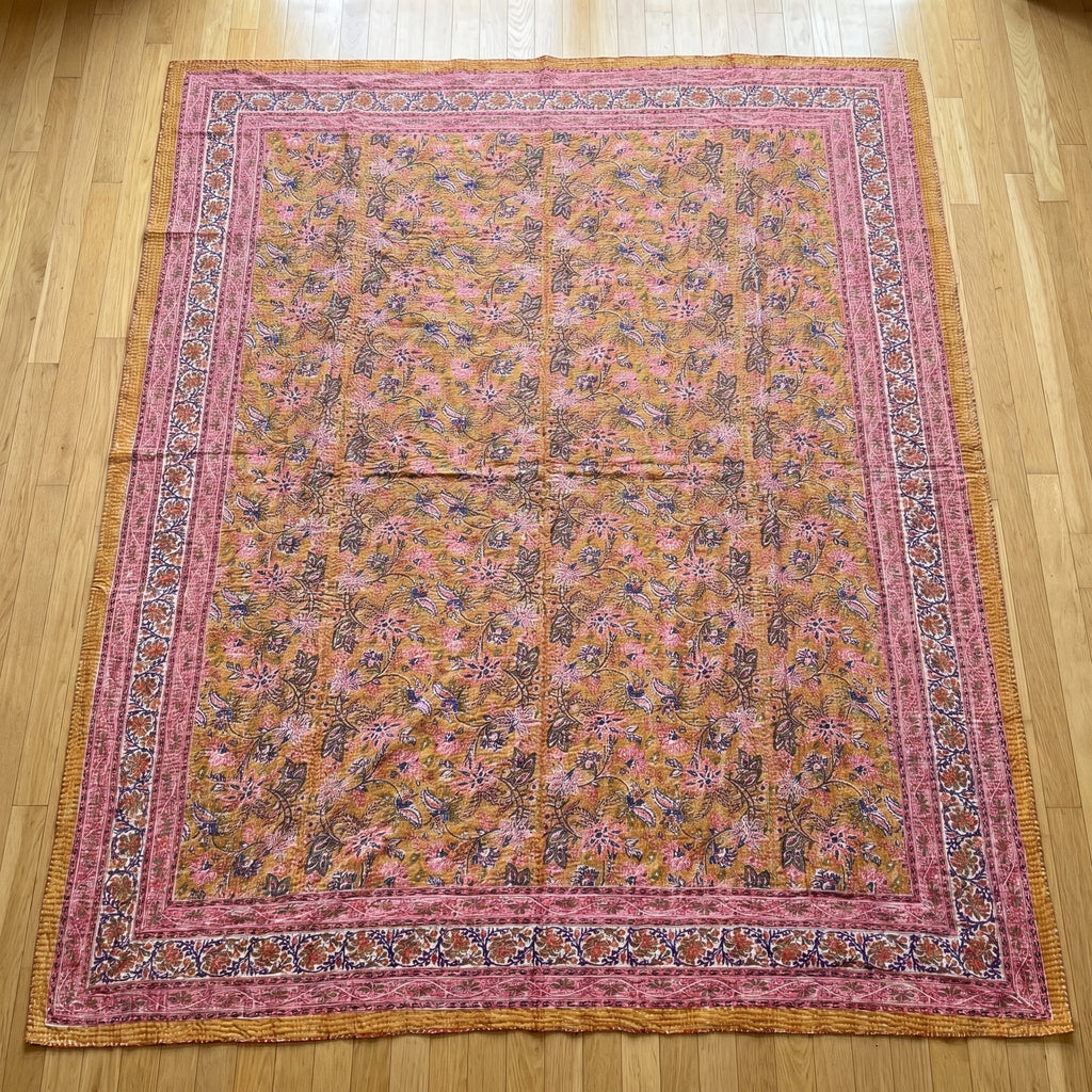 Fern Marigold Handmade Kantha Queen Bedspread