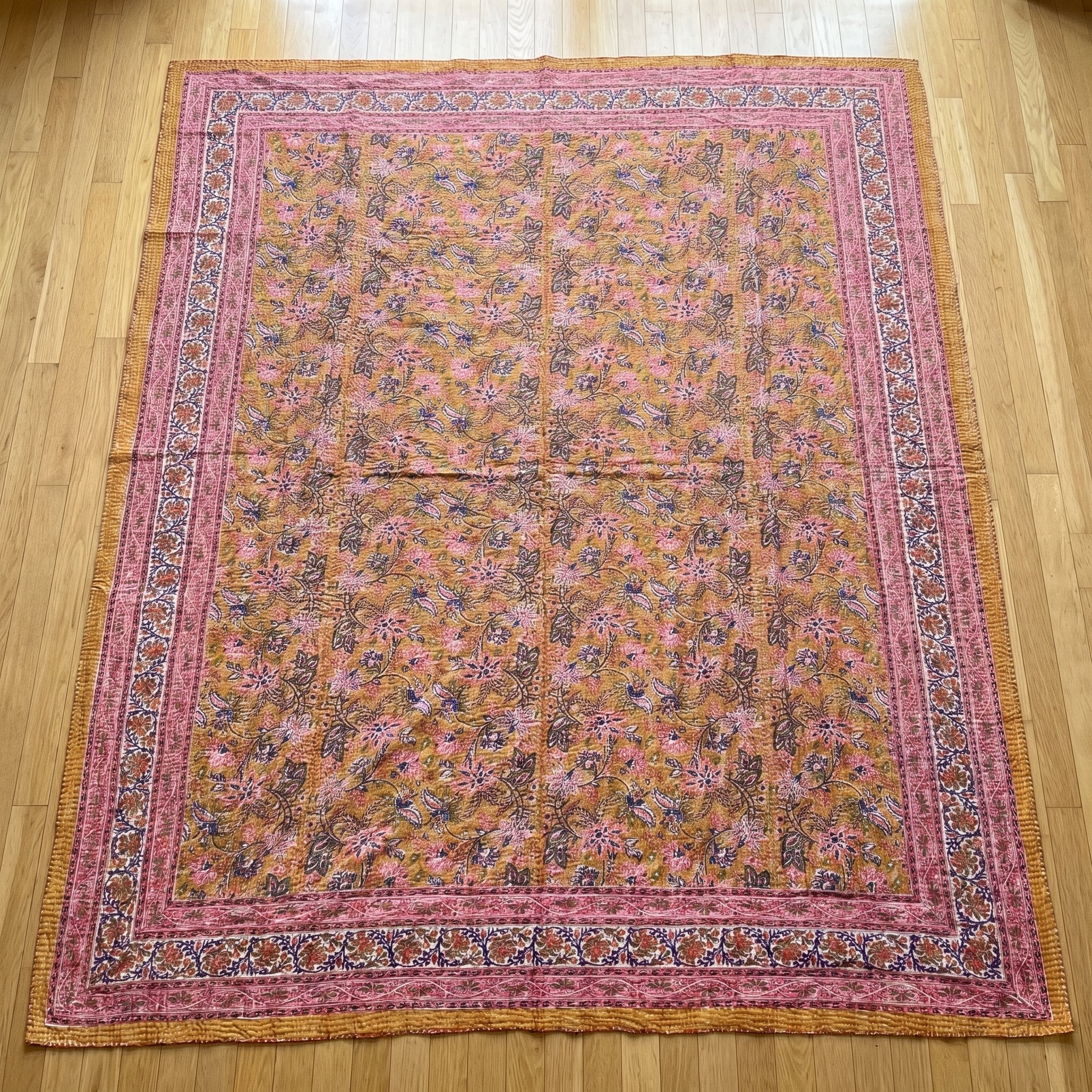 Fern Marigold Handmade Kantha Queen Bedspread