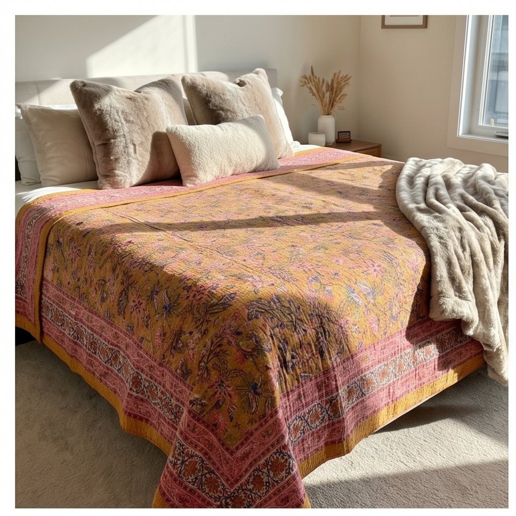 Fern Marigold Handmade Kantha Queen Bedspread