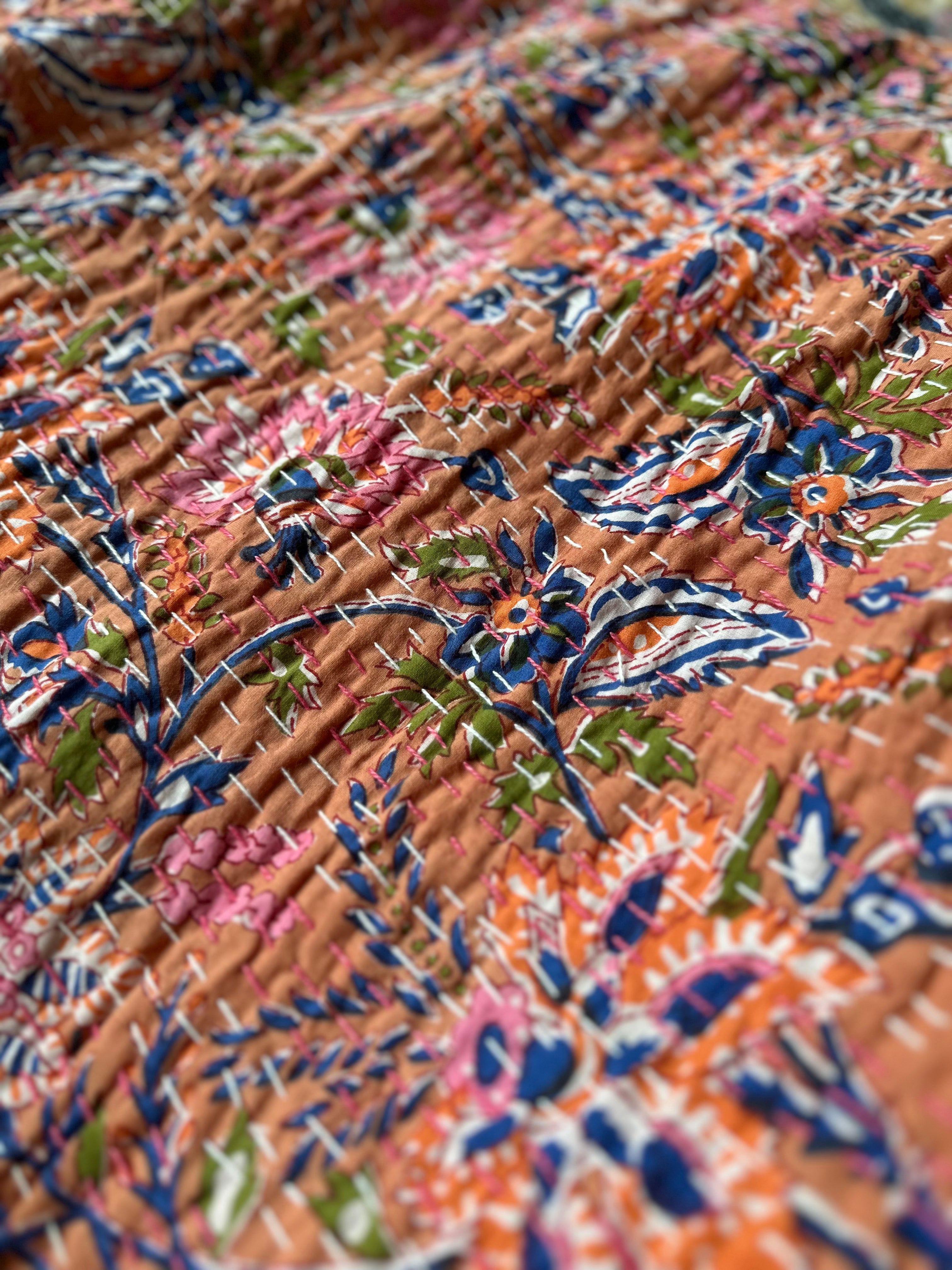 Fern Marigold Handmade Kantha Queen Bedspread