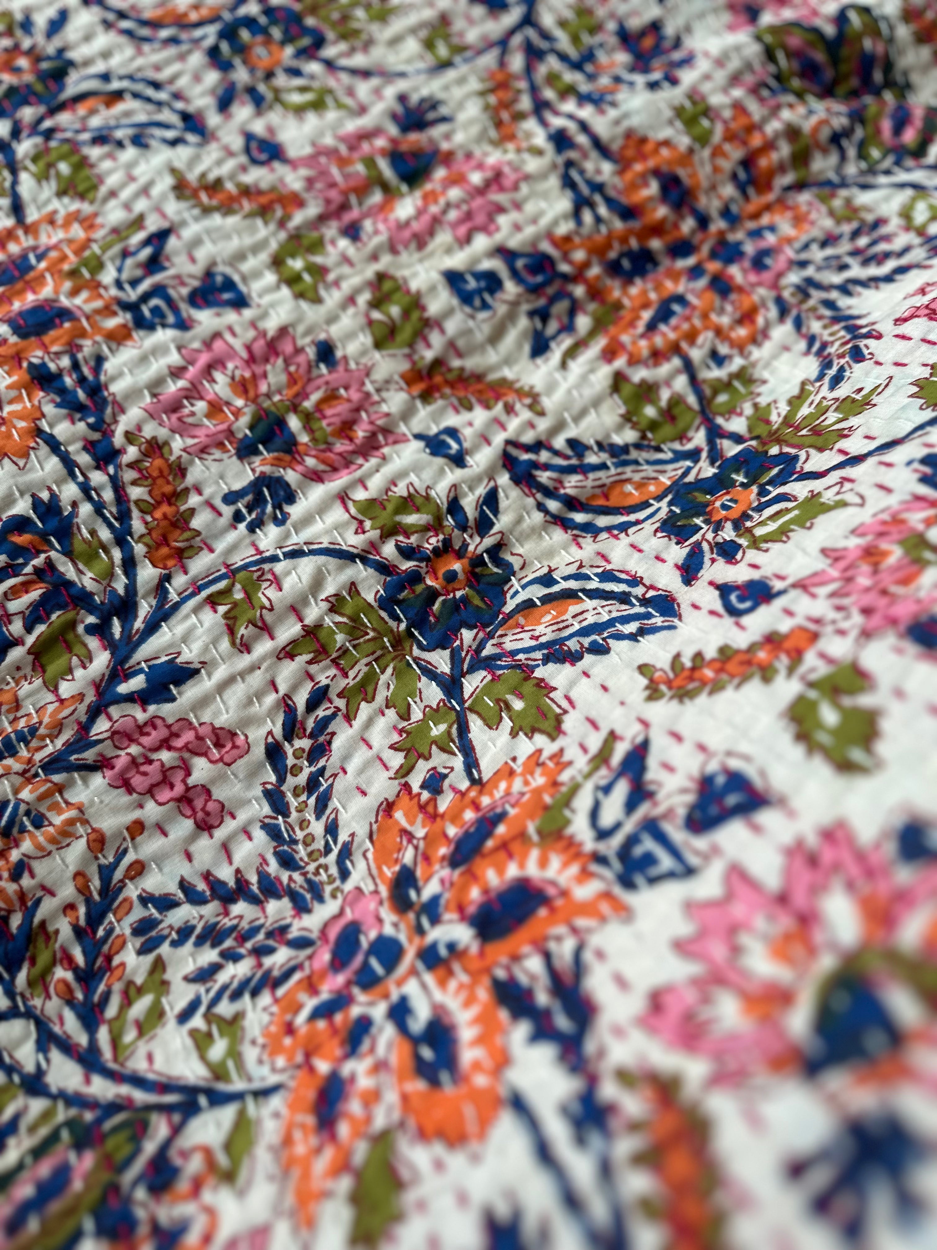 Mist Cobalt Handmade Kantha Bedspread