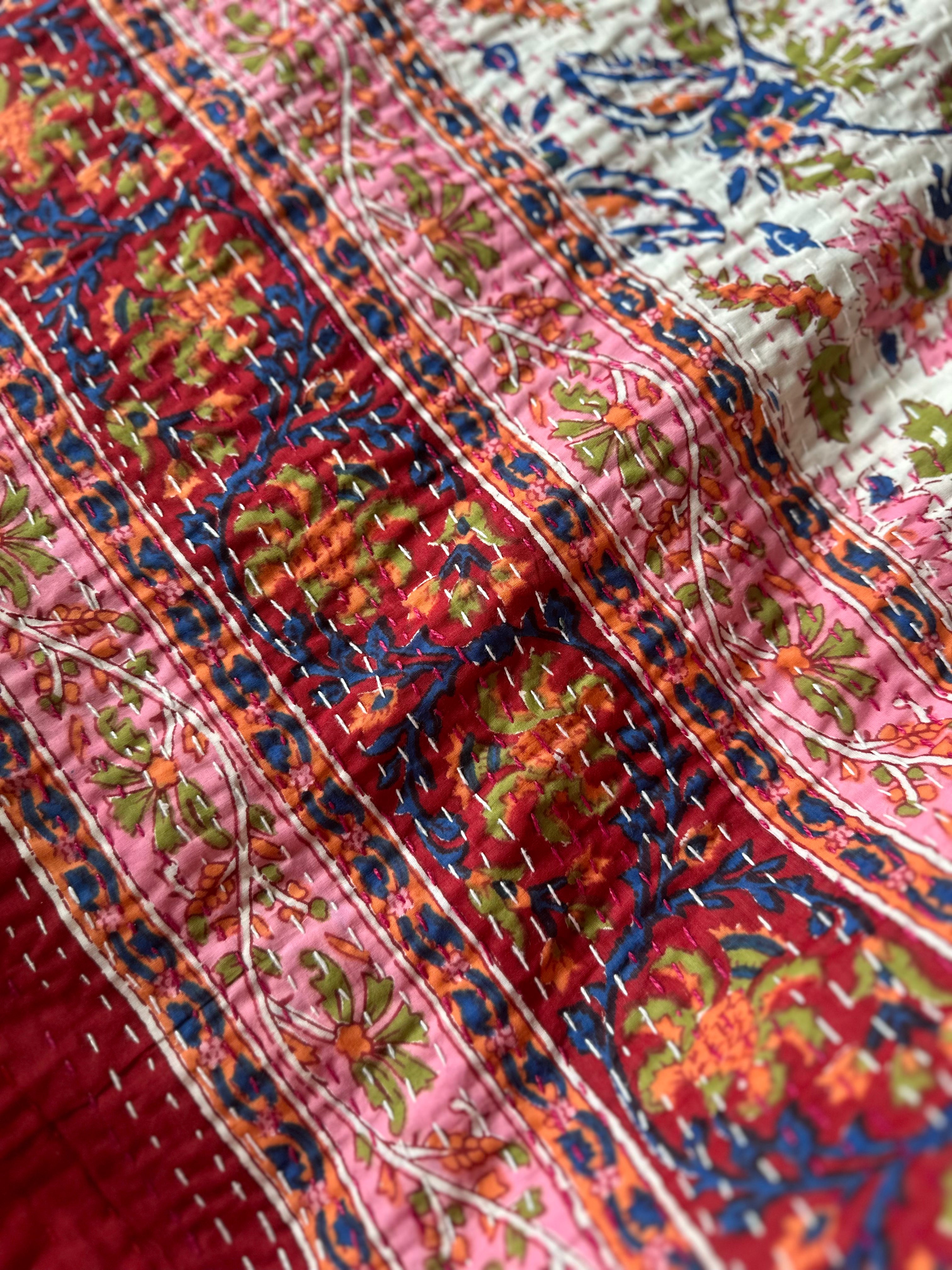 Fern Terracotta Handmade Kantha Bedspread