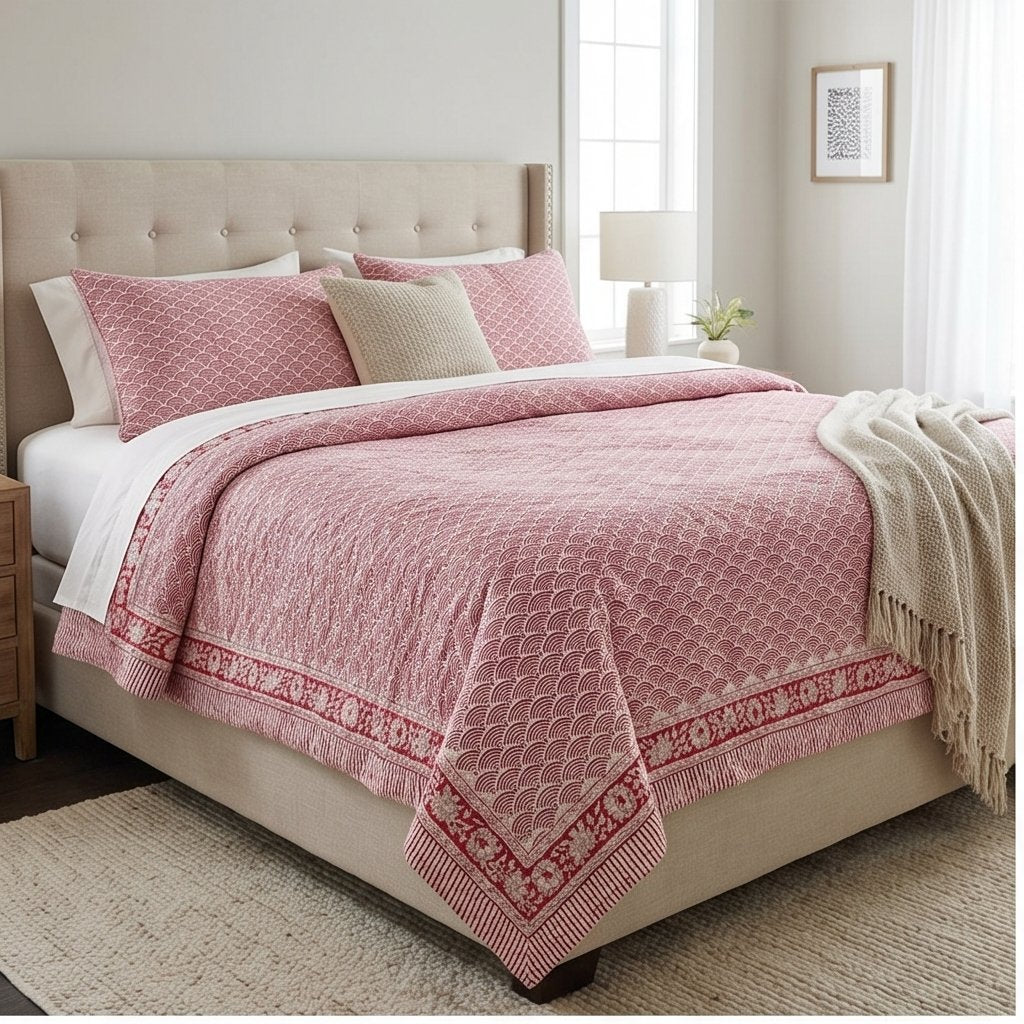 Stone Terracotta Handmade Kantha Queen Bedspread