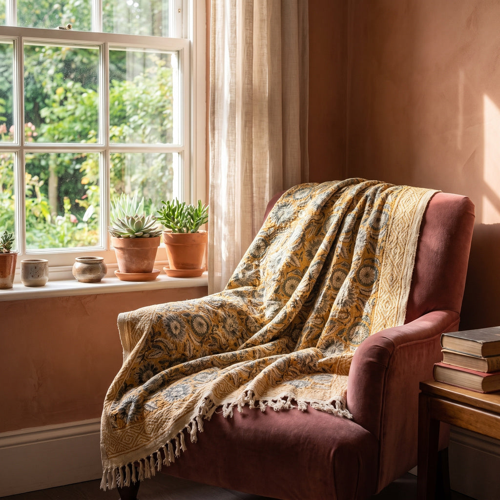 Ochre Rust Handmade Bagru Block Print Throw