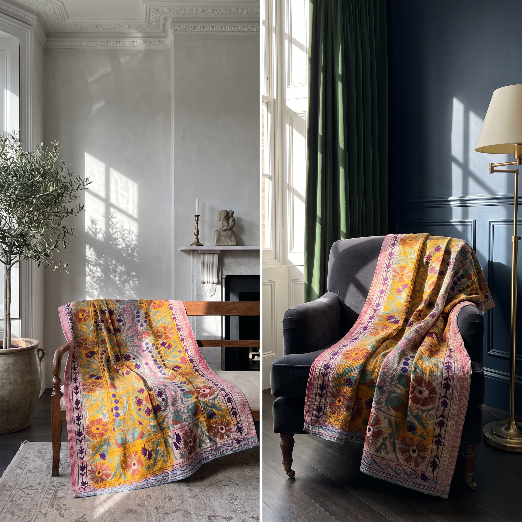 Fable Tide Reversible Luxury Vintage Suzani Kantha Throw