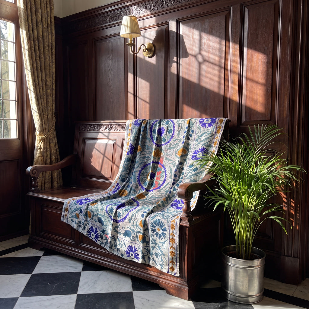 Fern Bloom Reversible Luxury Vintage Suzani Kantha Throw
