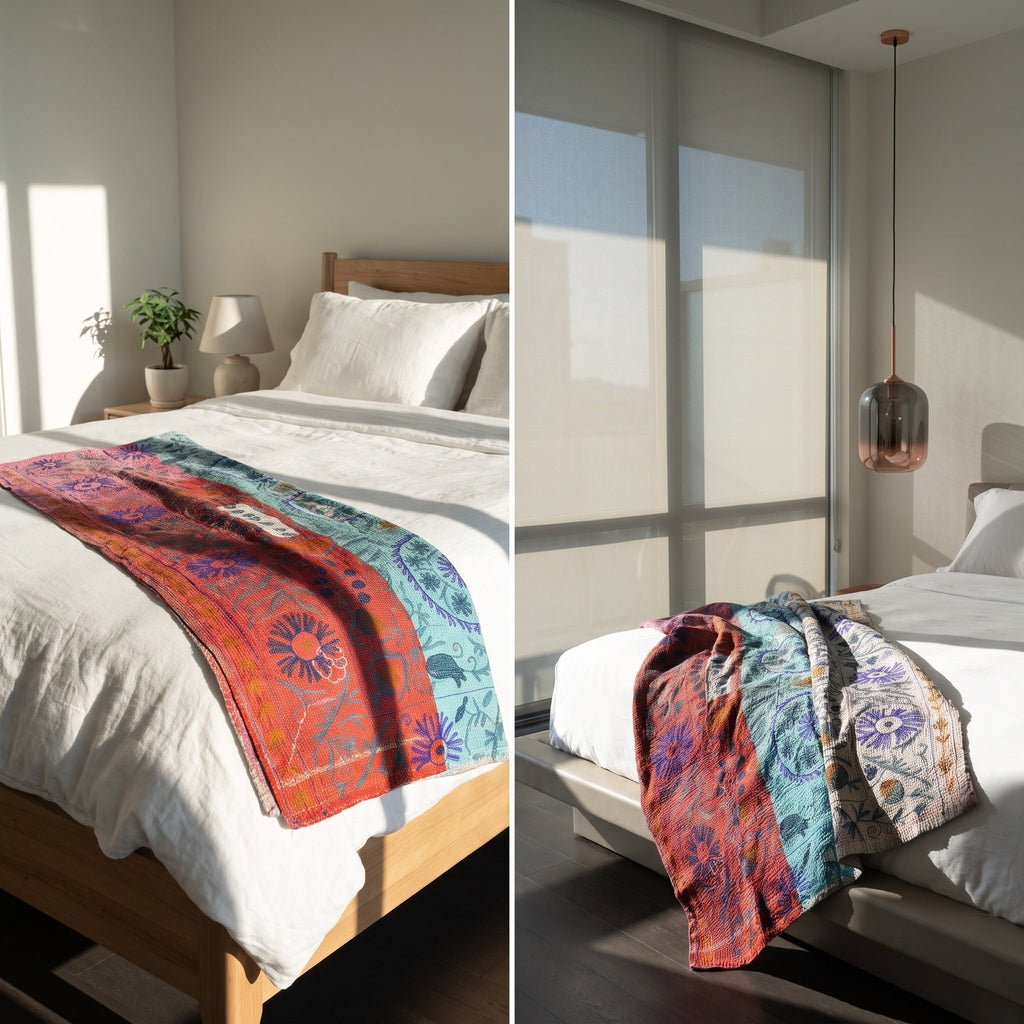 Fern Bloom Reversible Luxury Vintage Suzani Kantha Throw
