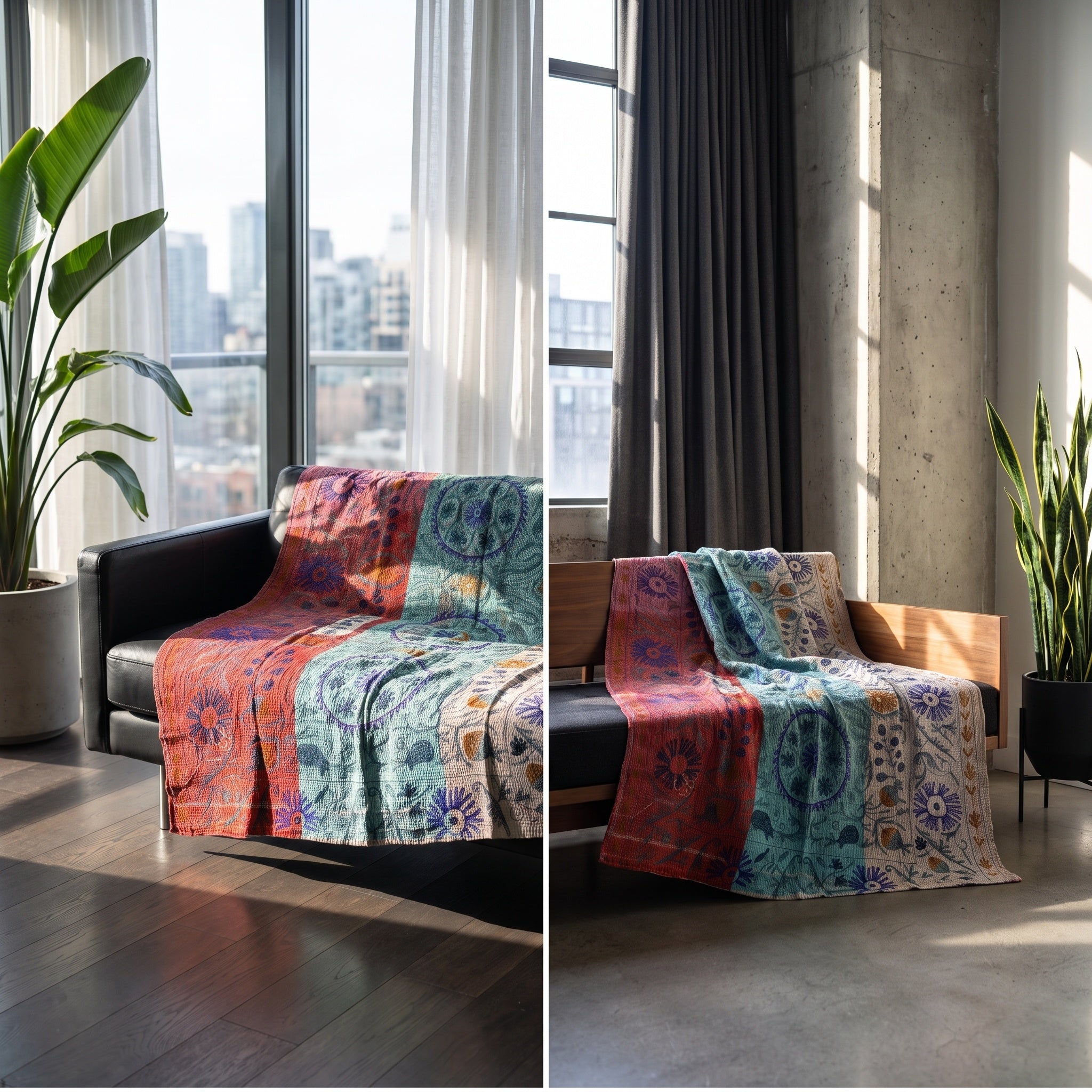 Fern Bloom Reversible Luxury Vintage Suzani Kantha Throw