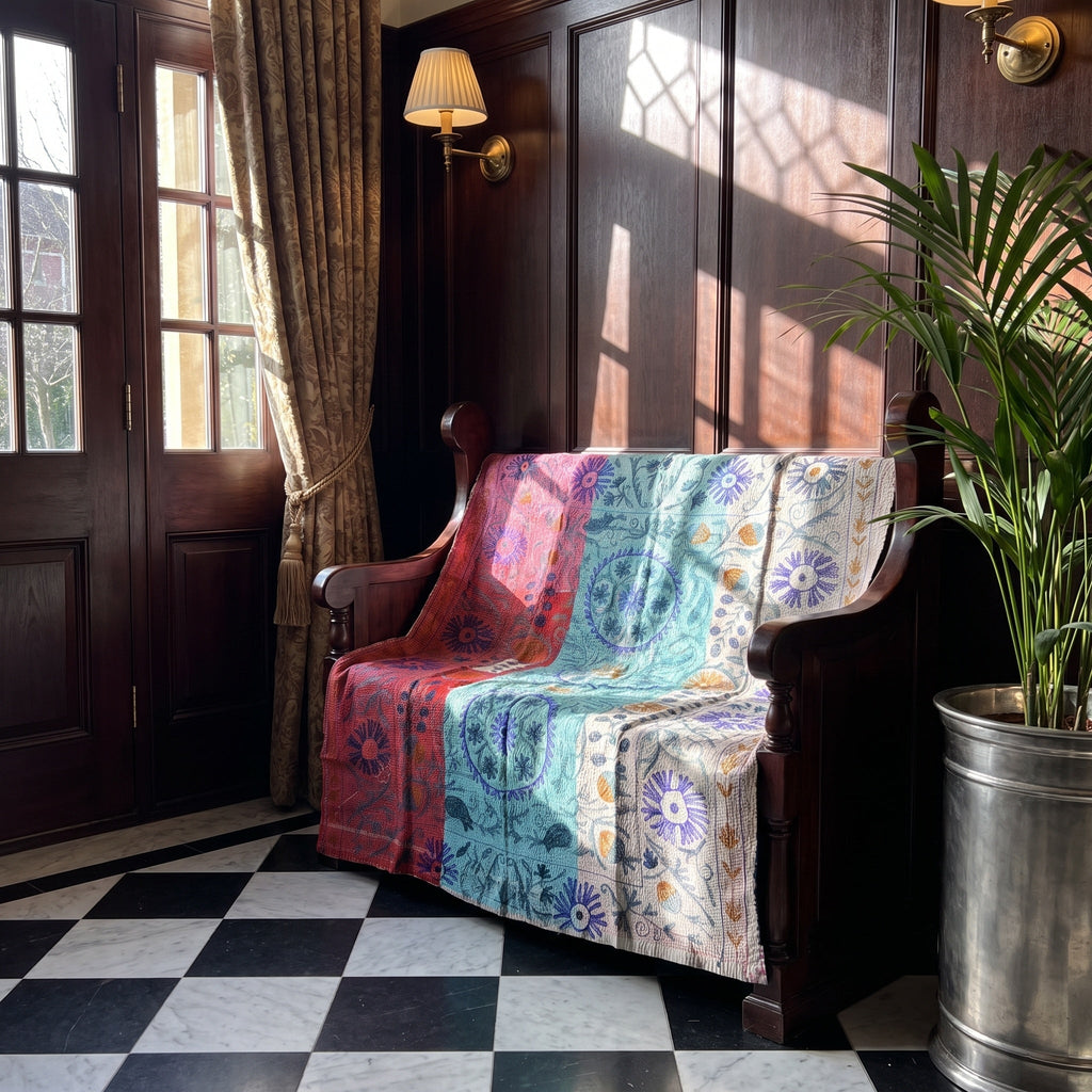 Fern Bloom Reversible Luxury Vintage Suzani Kantha Throw