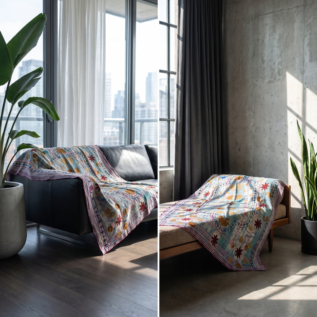 Wandering Verse Reversible Luxury Vintage Suzani Kantha Throw