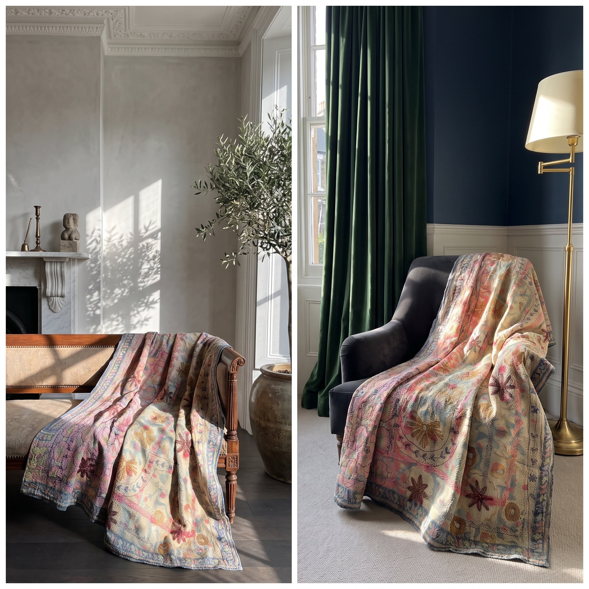 Wandering Verse Reversible Luxury Vintage Suzani Kantha Throw