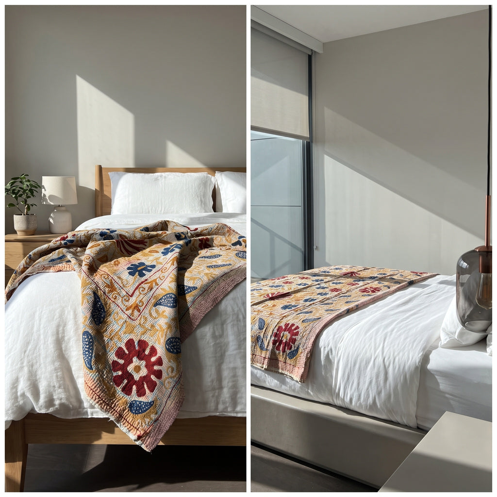 Heirloom Lotus Reversible Luxury Vintage Suzani Kantha Throw