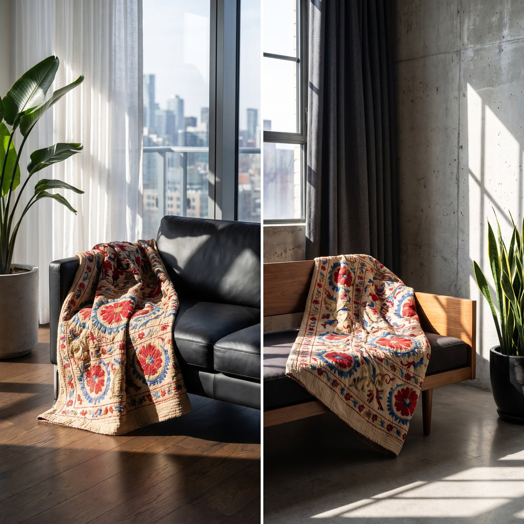 Heirloom Lotus Reversible Luxury Vintage Suzani Kantha Throw