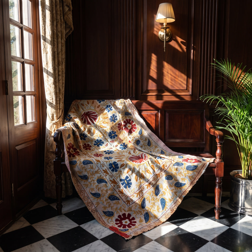 Heirloom Lotus Reversible Luxury Vintage Suzani Kantha Throw