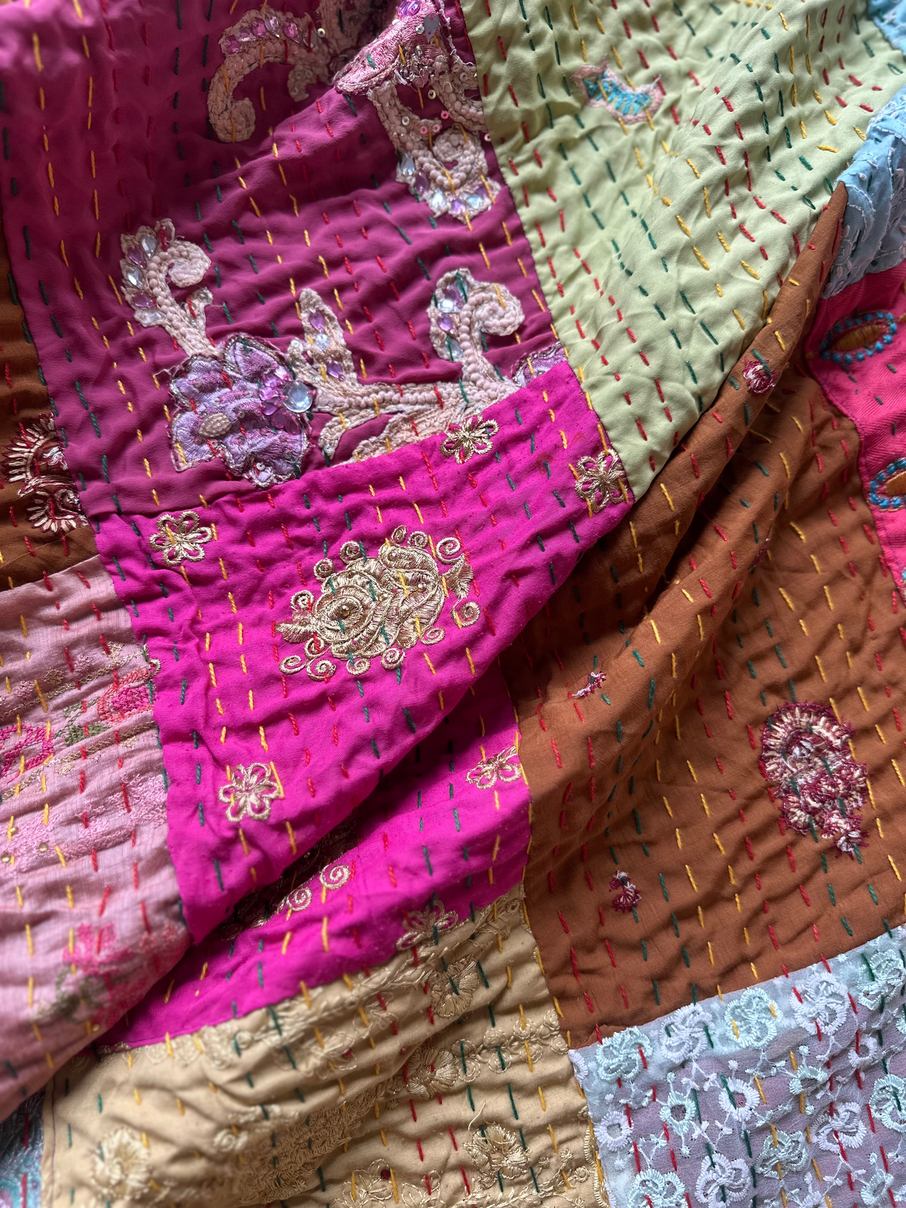 Multicoloured patchwork Kantha Bedspread