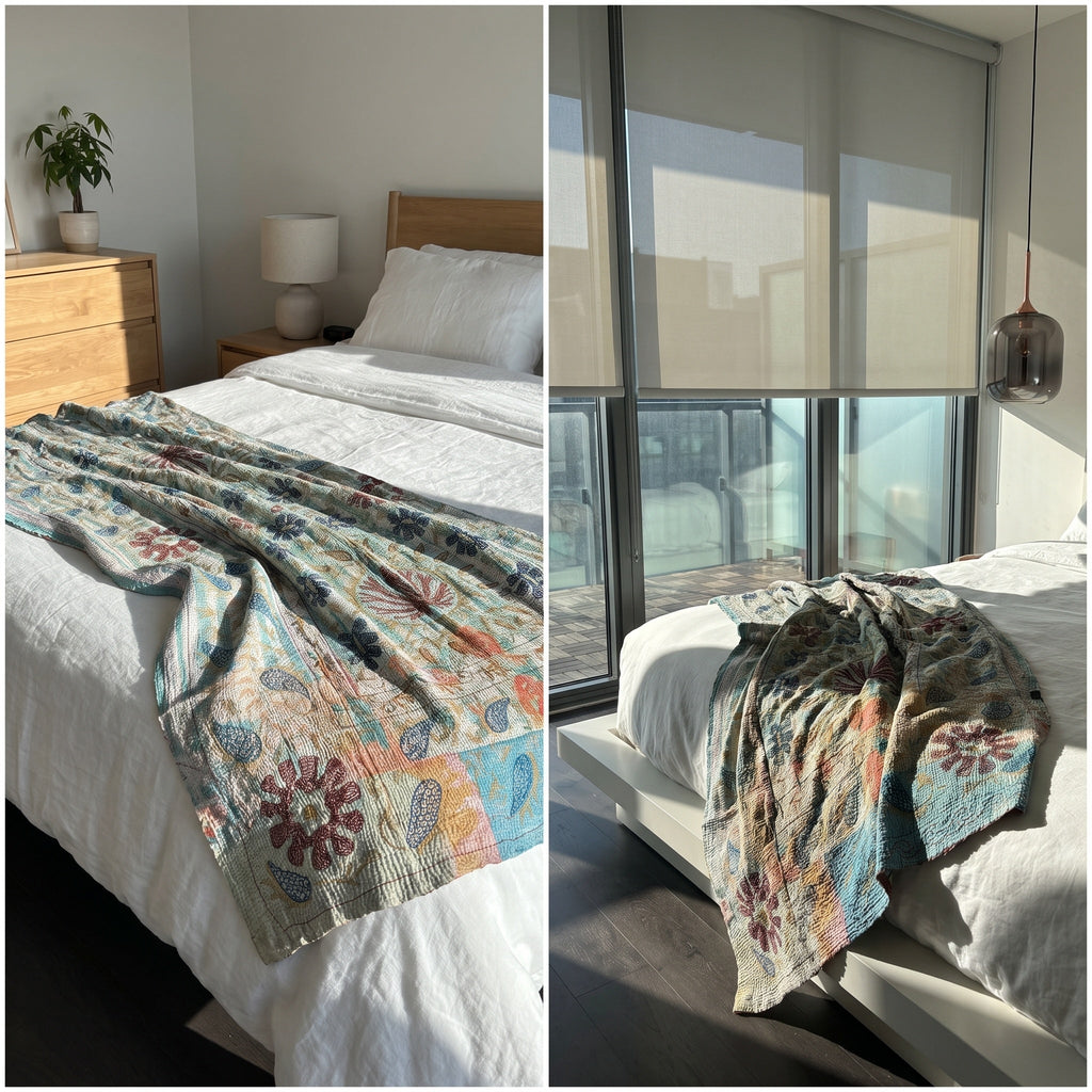 Heirloom Lotus Reversible Luxury Vintage Suzani Kantha Throw