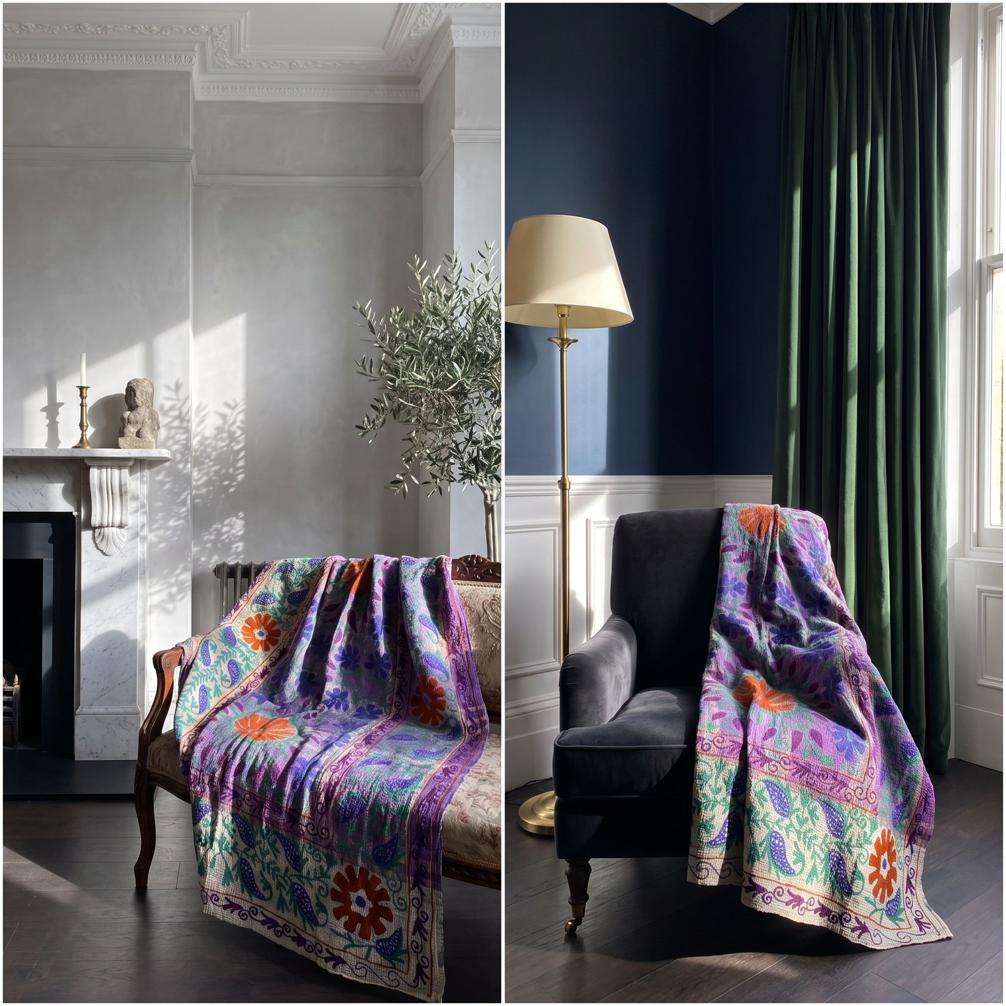 Hearth Story Reversible Luxury Vintage Suzani Kantha Throw