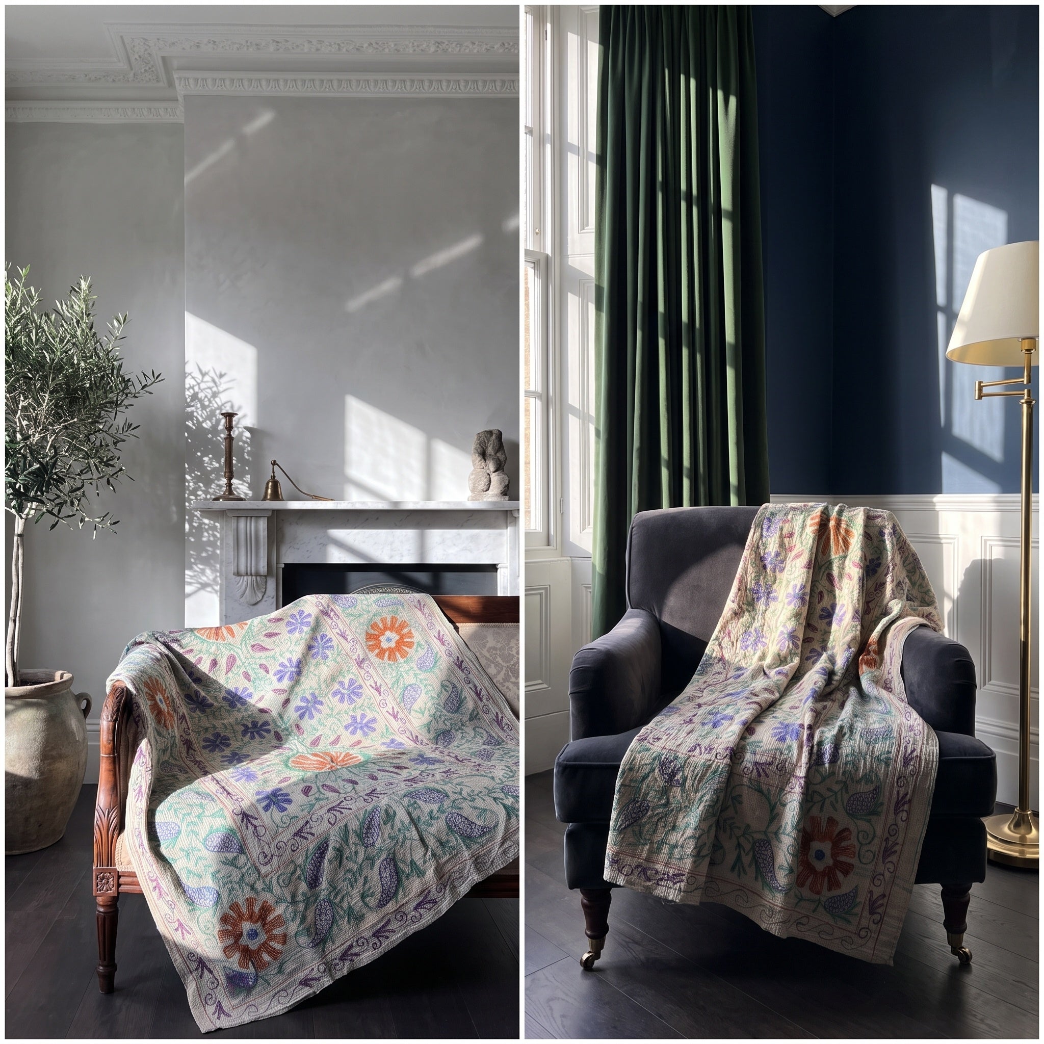 Hearth Story Reversible Luxury Vintage Suzani Kantha Throw