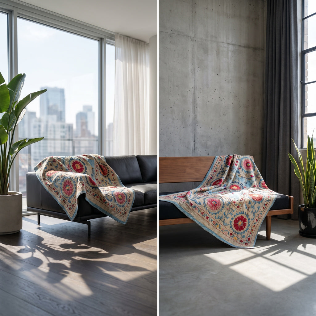 Quiet Reverie Reversible Luxury Vintage Suzani Kantha Throw