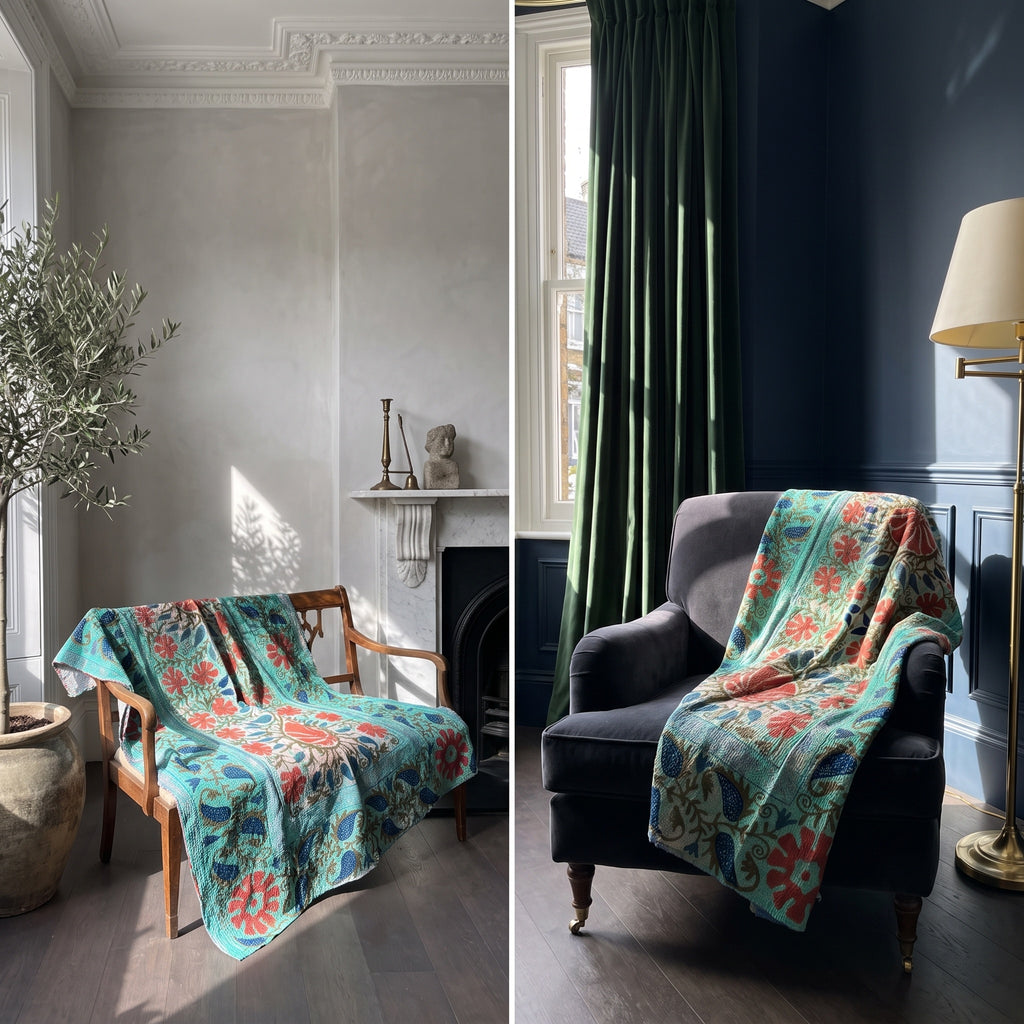 Moonlit Reverie Reversible Luxury Vintage Suzani Kantha Throw