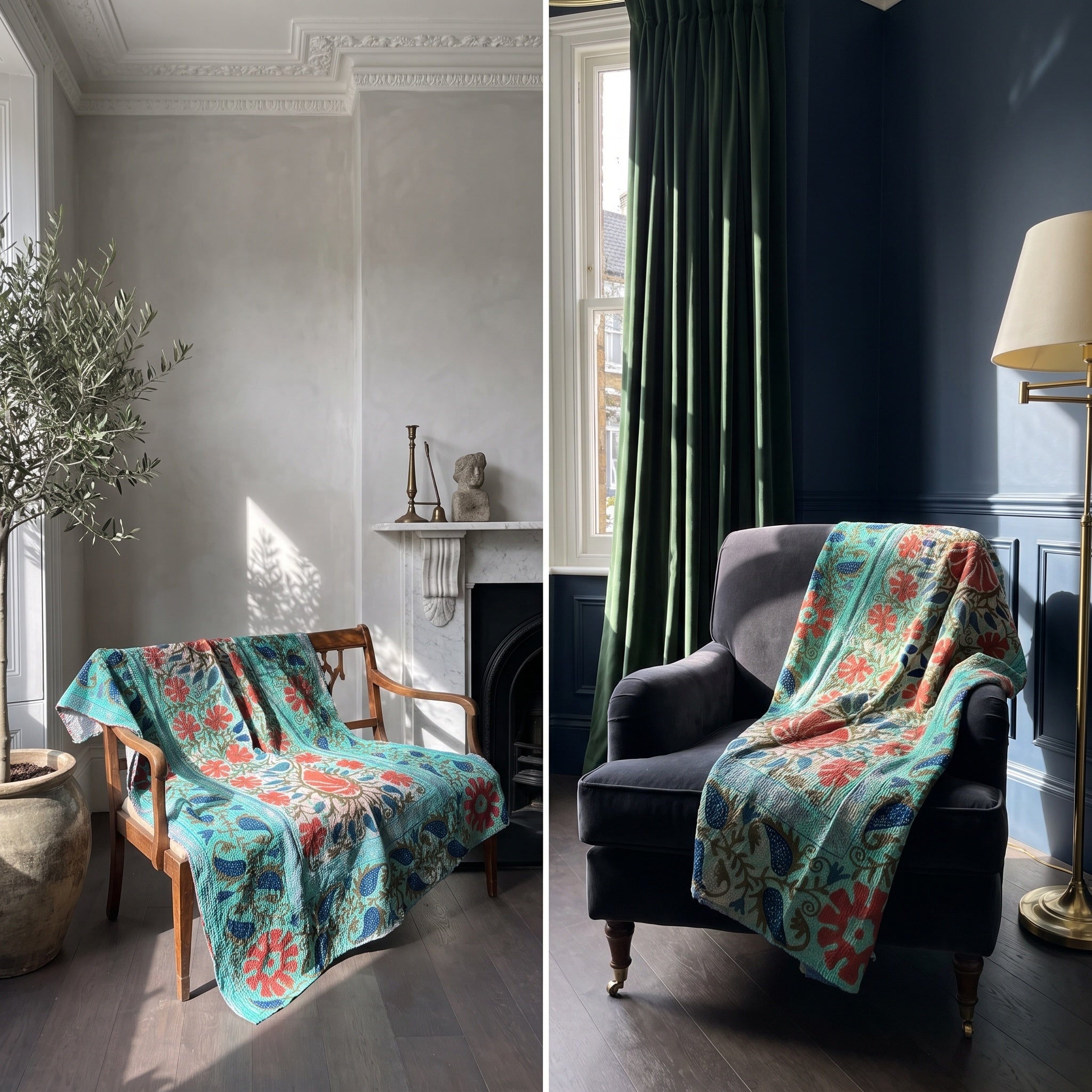 Moonlit Reverie Reversible Luxury Vintage Suzani Kantha Throw