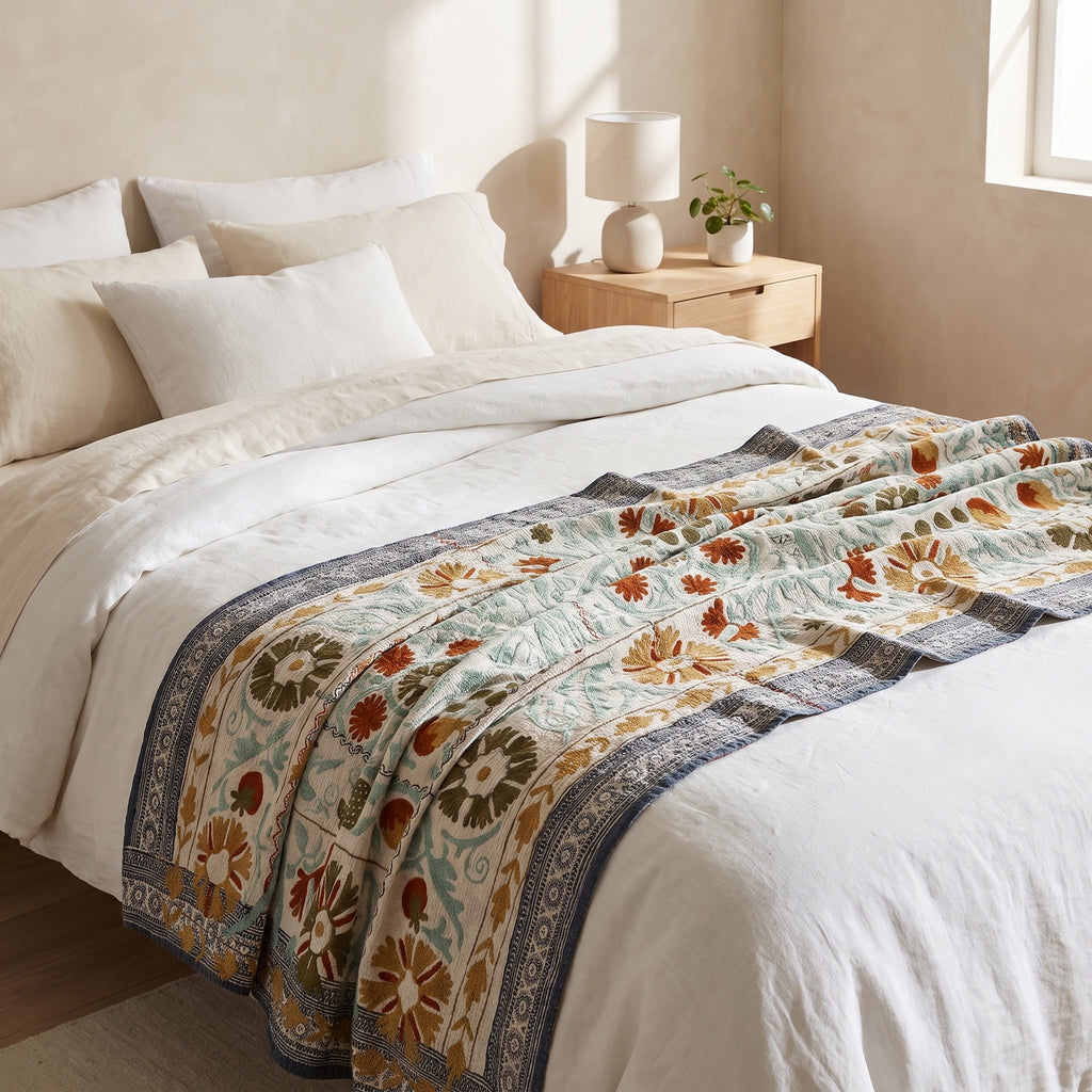 Meadow Reverie Reversible Luxury Vintage Suzani Kantha Throw