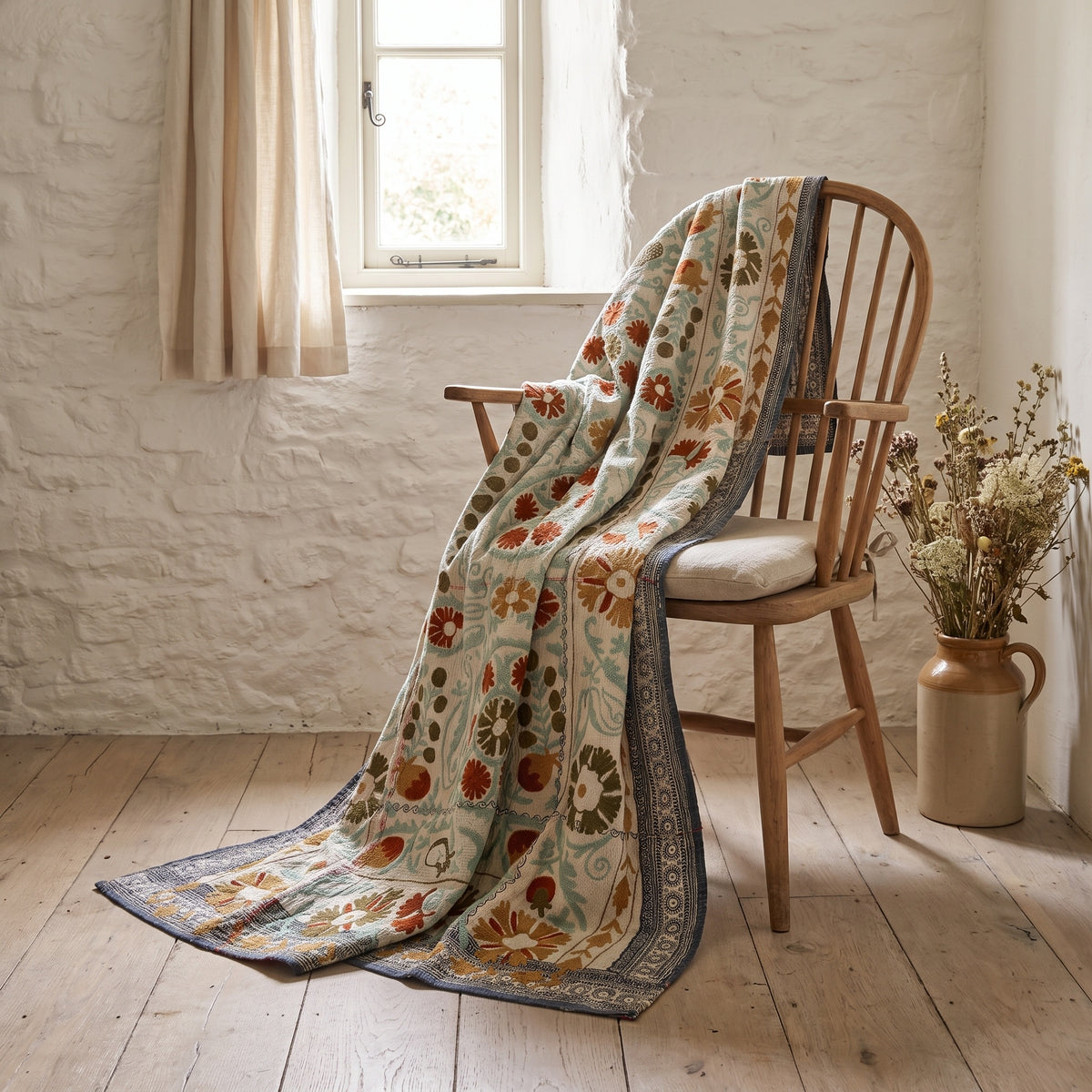 Plaid Kantha Suzani vintage de luxe réversible Meadow Reverie