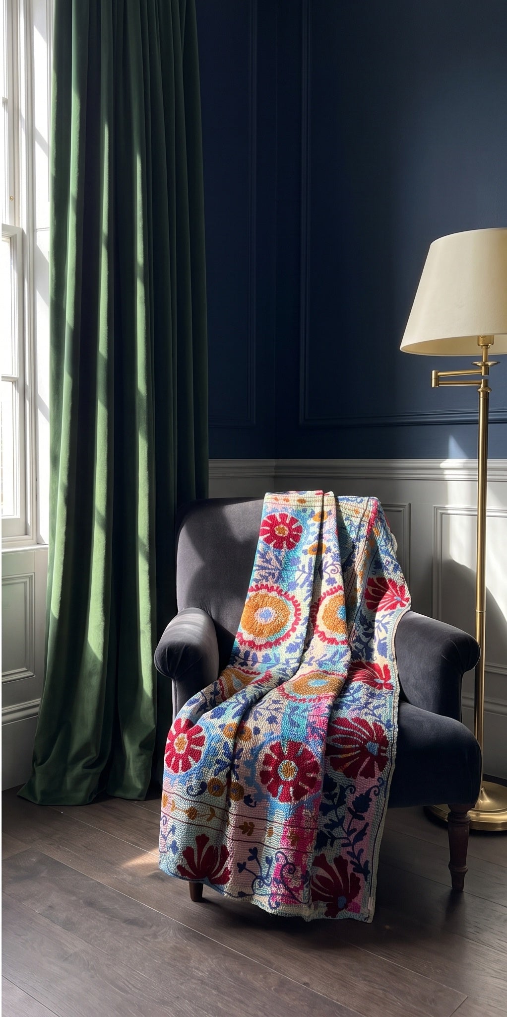 Botanical Fern Reversible Luxury Vintage Suzani Kantha Throw