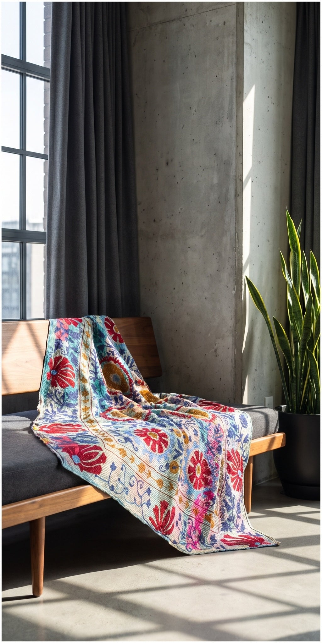 Botanical Fern Reversible Luxury Vintage Suzani Kantha Throw