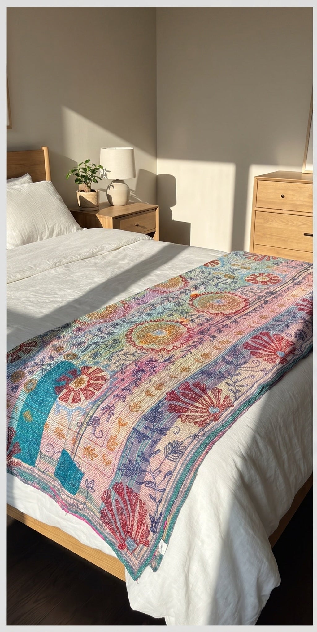 Botanical Fern Reversible Luxury Vintage Suzani Kantha Throw