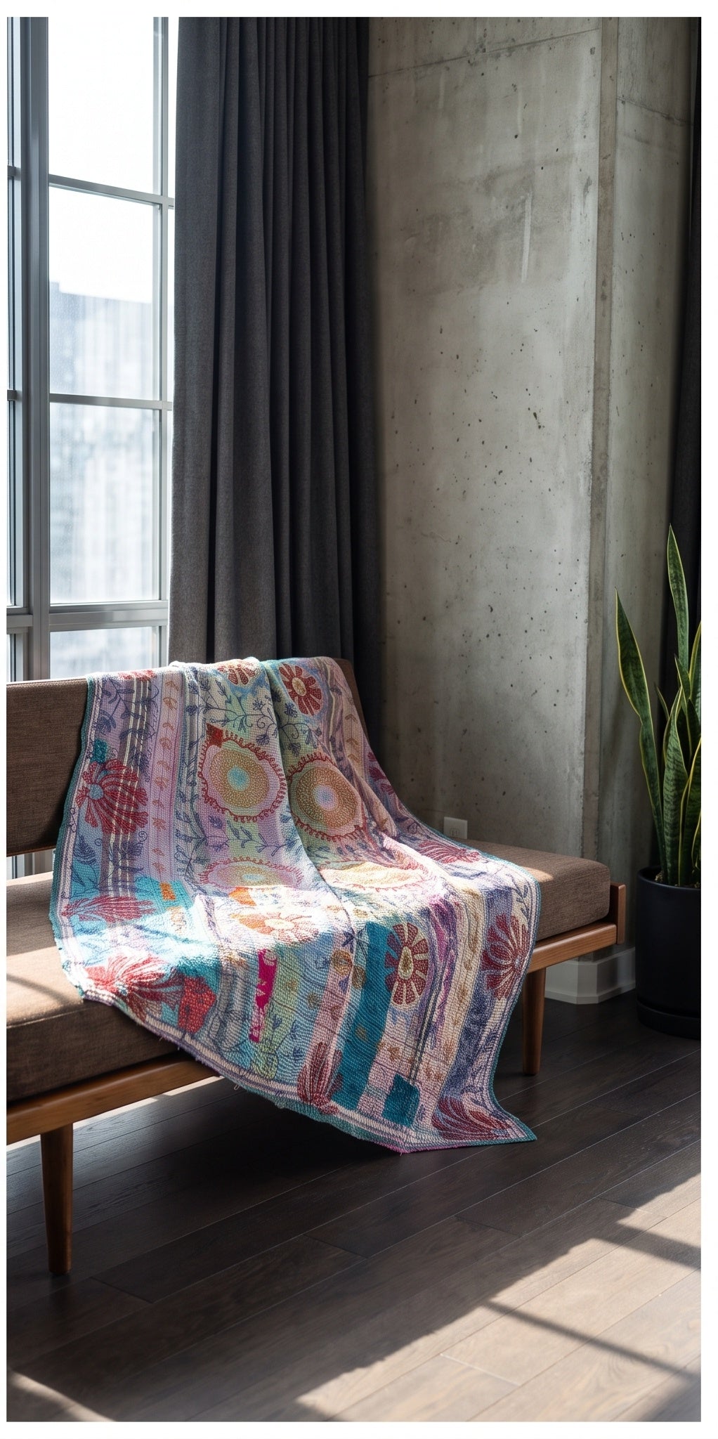 Botanical Fern Reversible Luxury Vintage Suzani Kantha Throw
