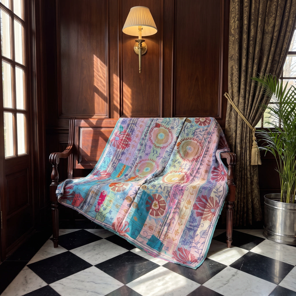 Botanical Fern Reversible Luxury Vintage Suzani Kantha Throw