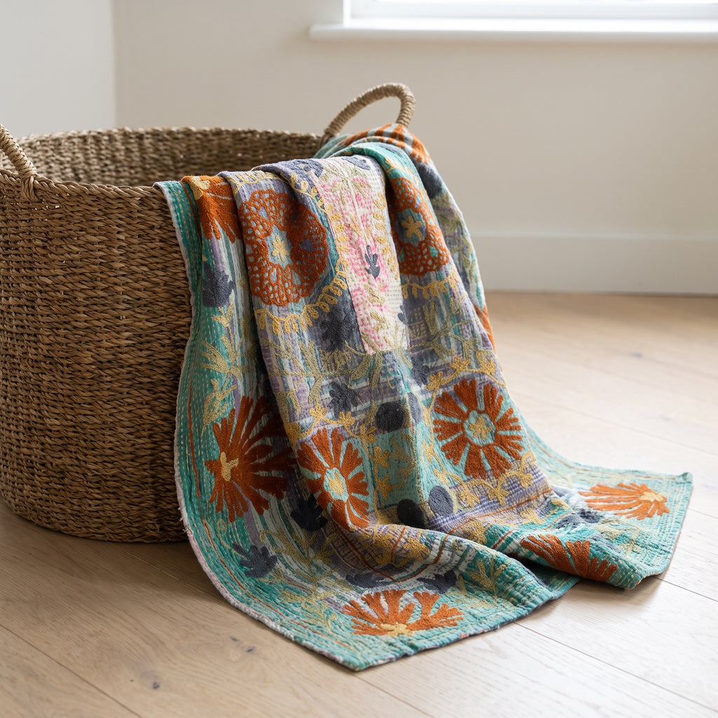 Fern Dew Reversible Luxury Vintage Suzani Kantha Throw