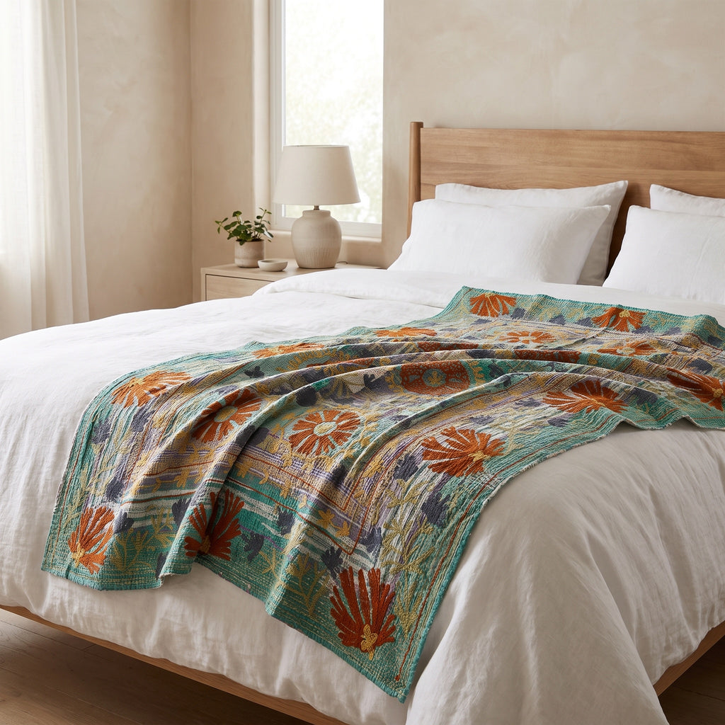 Fern Dew Reversible Luxury Vintage Suzani Kantha Throw