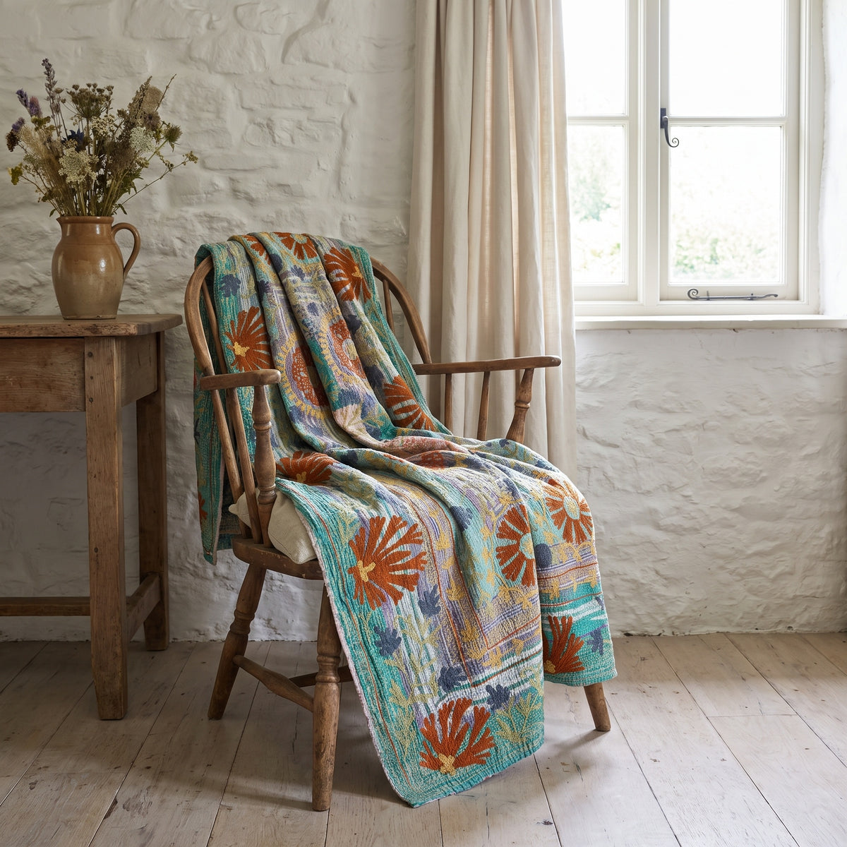 Jeté de lit réversible de luxe vintage Suzani Kantha Fern Dew
