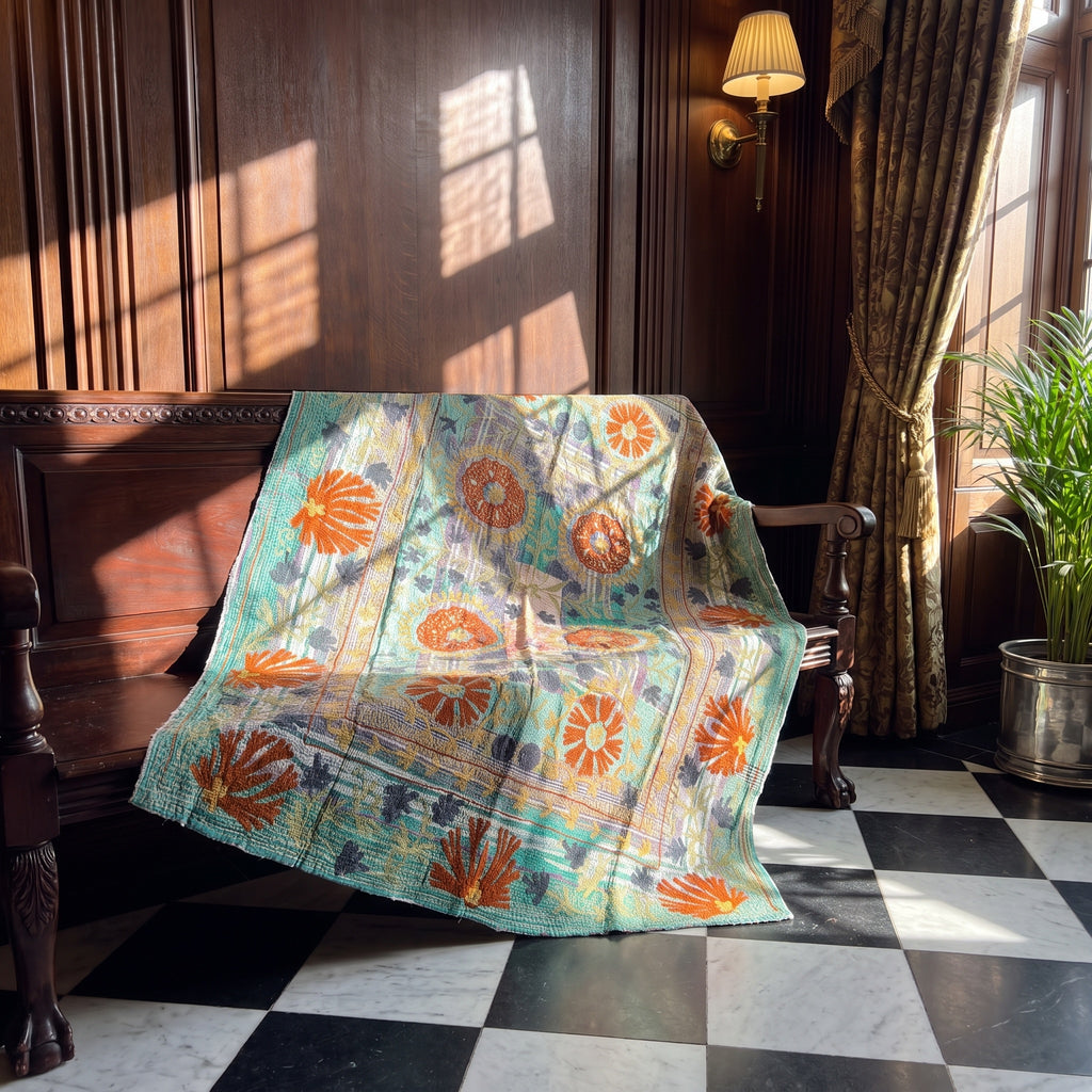 Fern Dew Reversible Luxury Vintage Suzani Kantha Throw