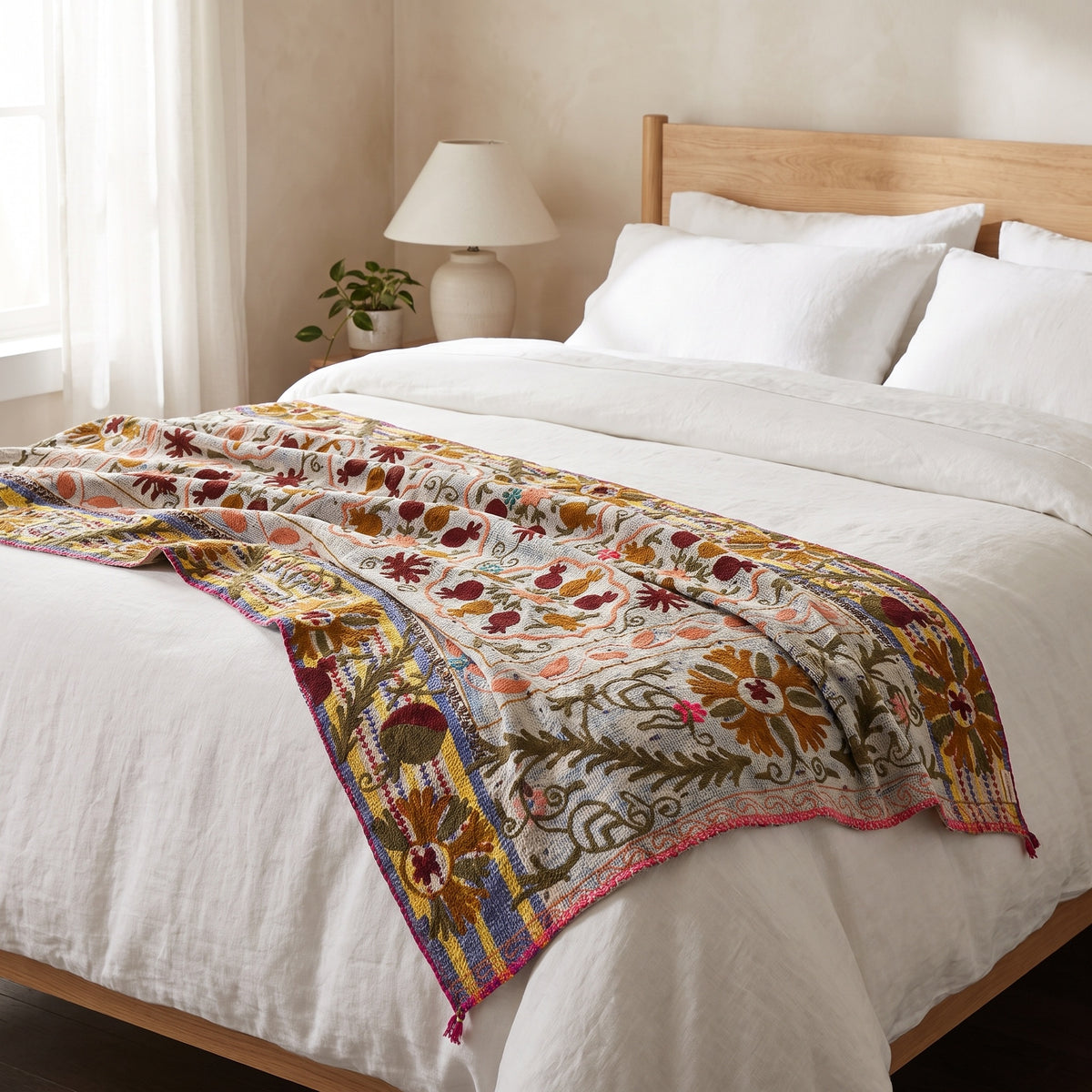 A multicolor patterned throw blanket with floral and geometric motifs is draped across a neatly made bed with white linens, a wooden headboard, and a bedside lamp in a softly lit bedroom.