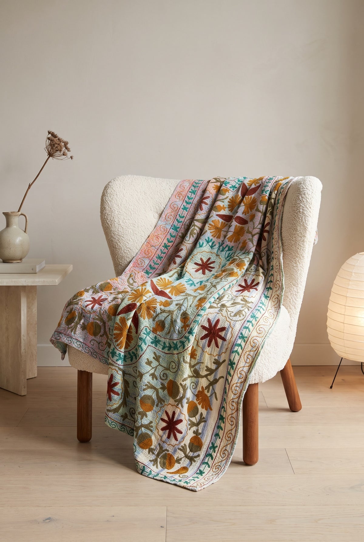 Plaid jeté réversible de luxe vintage Suzani Kantha, modèle Rock Passage